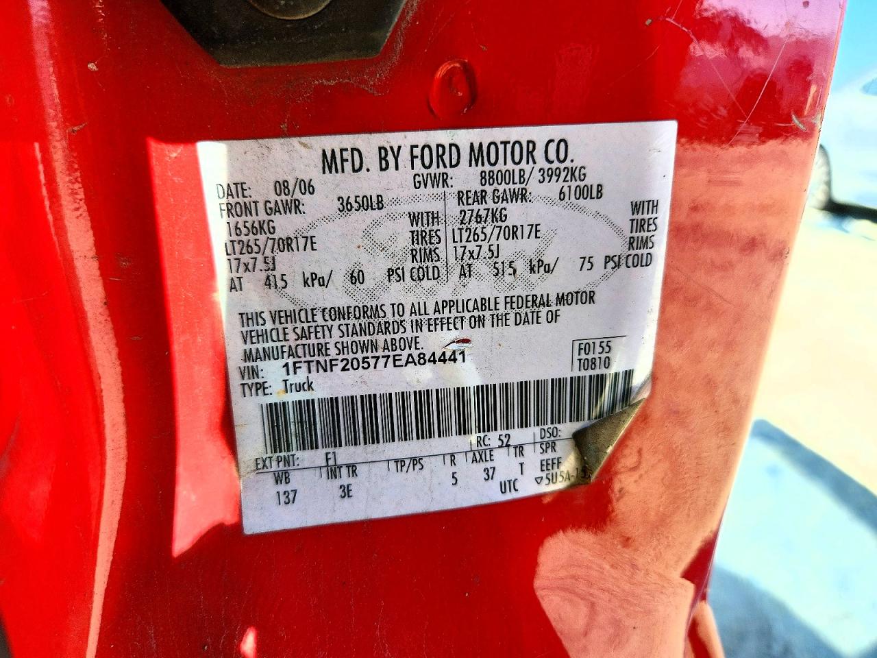 2007 Ford F250 Super Duty Red vin: 1FTNF20577EA84441