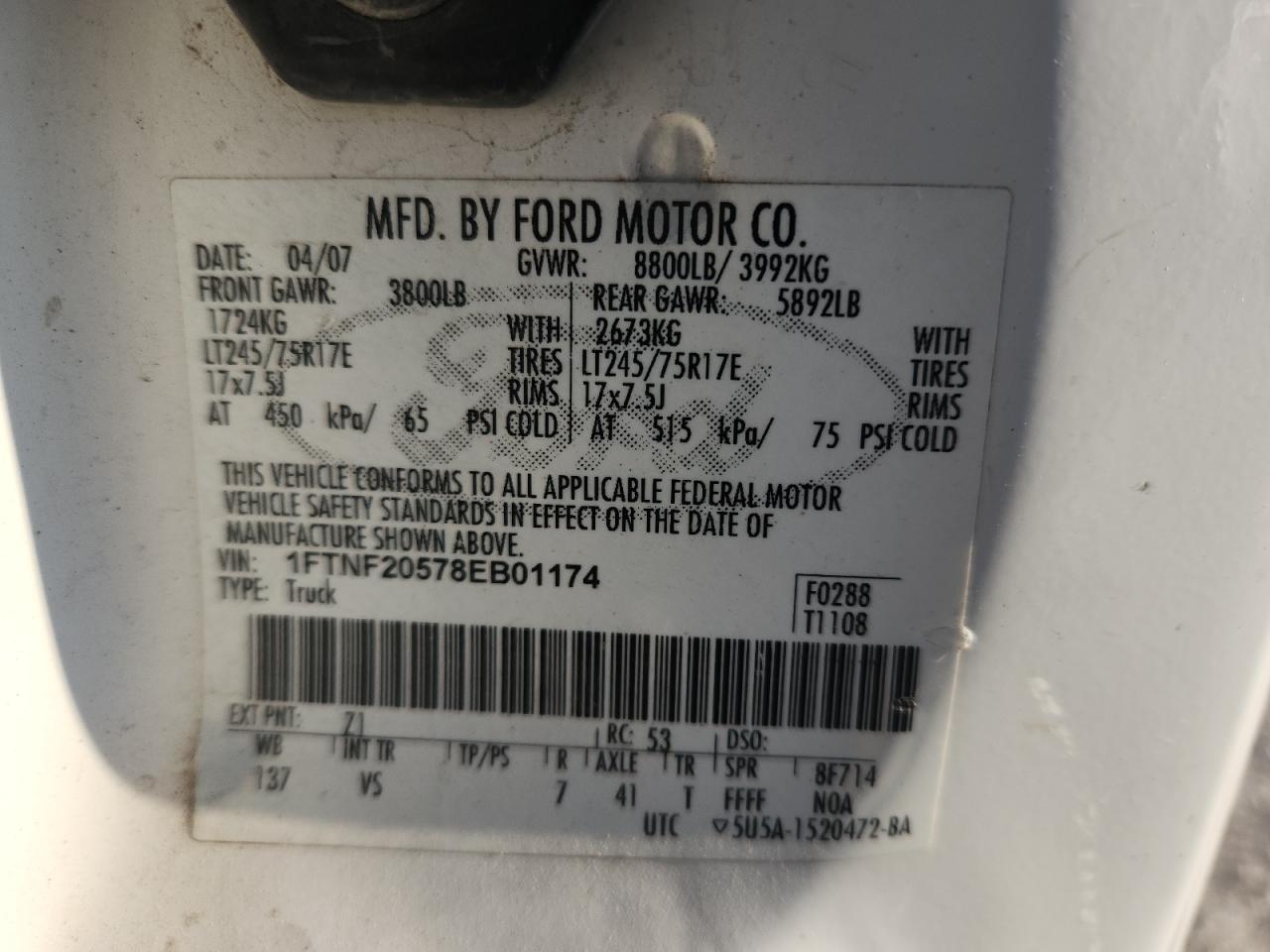 2008 Ford F250 Super Duty White vin: 1FTNF20578EB01174