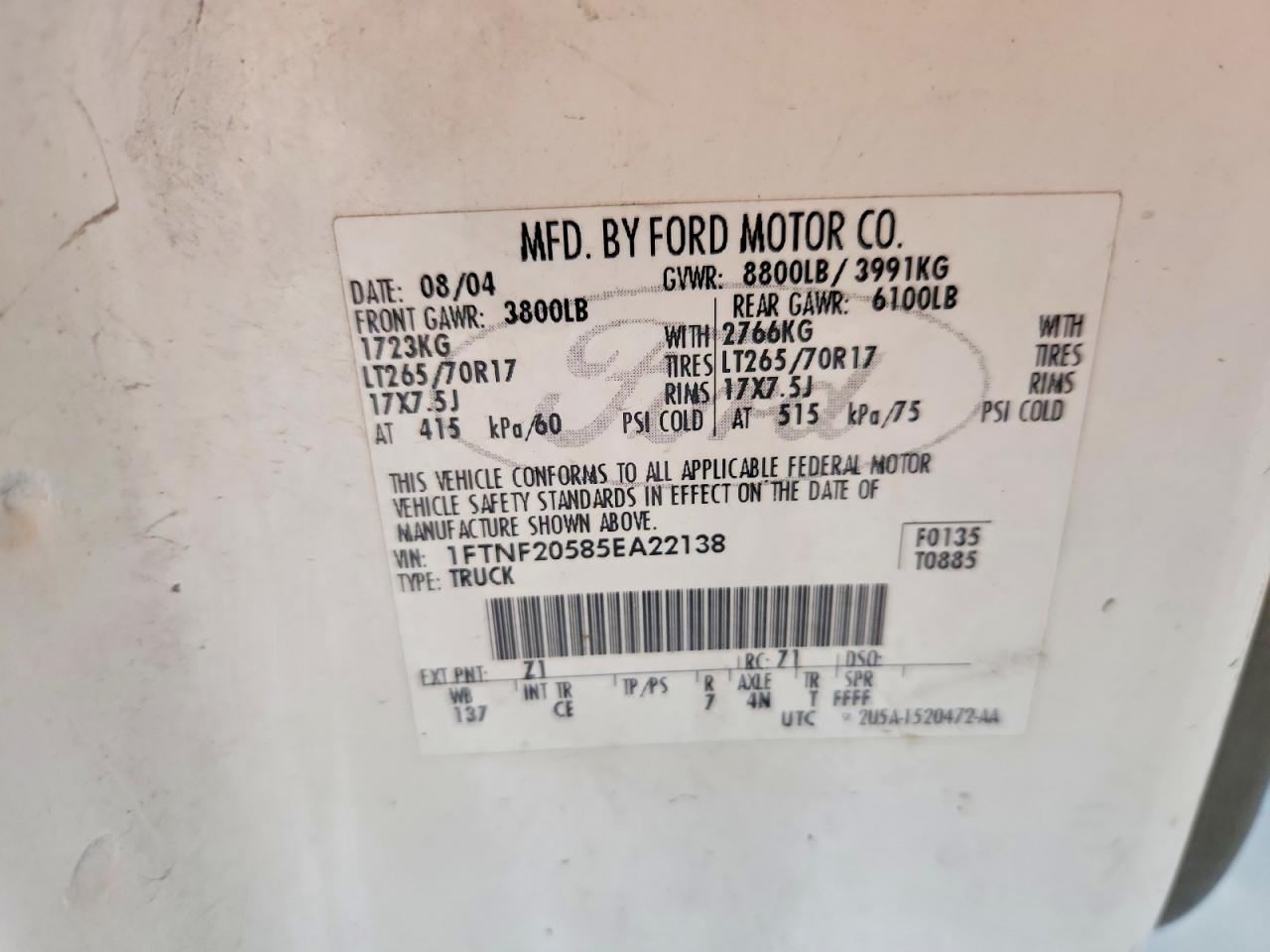 2005 Ford F250 Super Duty White vin: 1FTNF20585EA22138