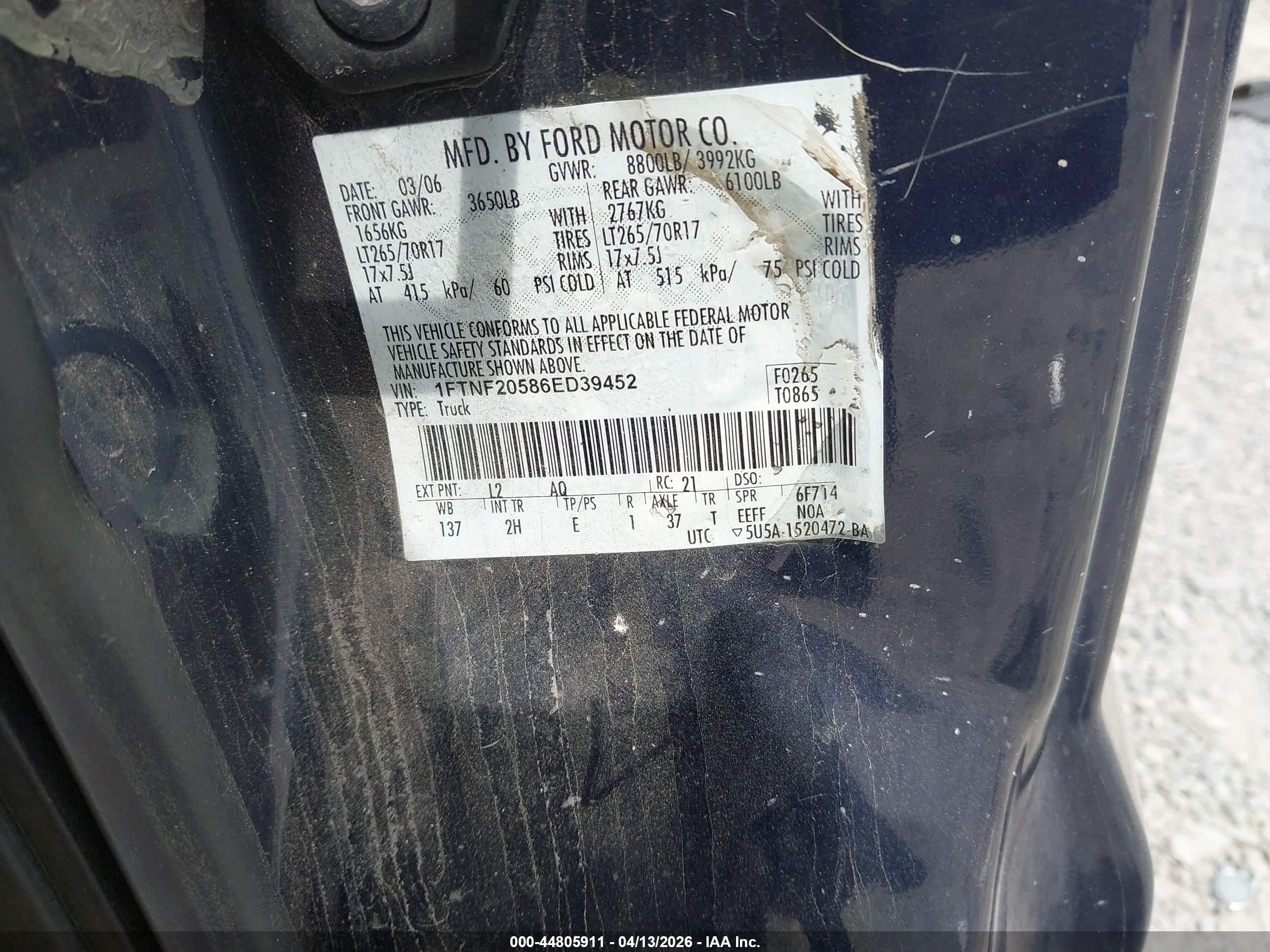 2006 Ford F-250 Xl/xlt Blue vin: 1FTNF20586ED39452