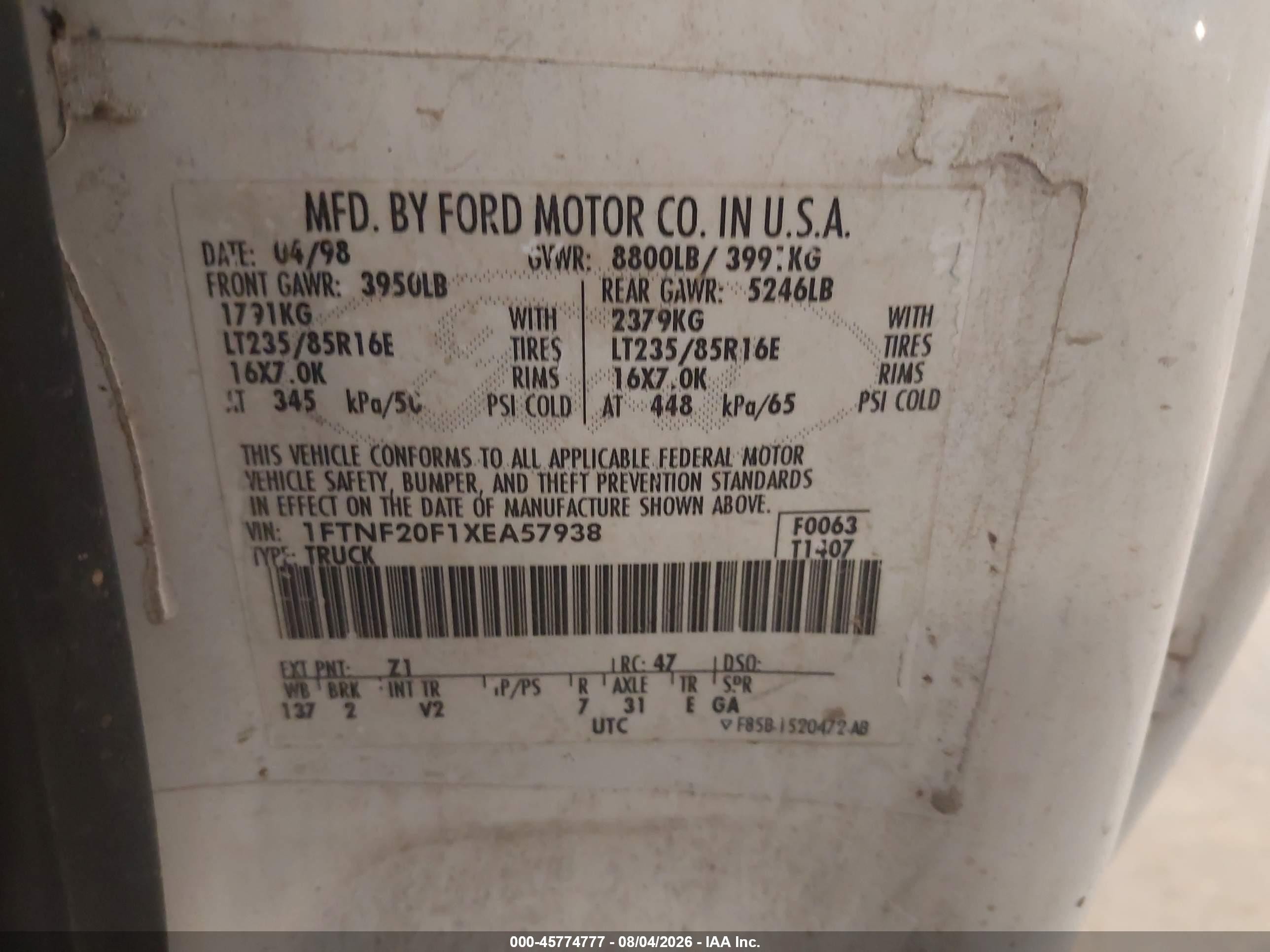 1999 Ford F-250 Lariat/xl/xlt White vin: 1FTNF20F1XEA57938