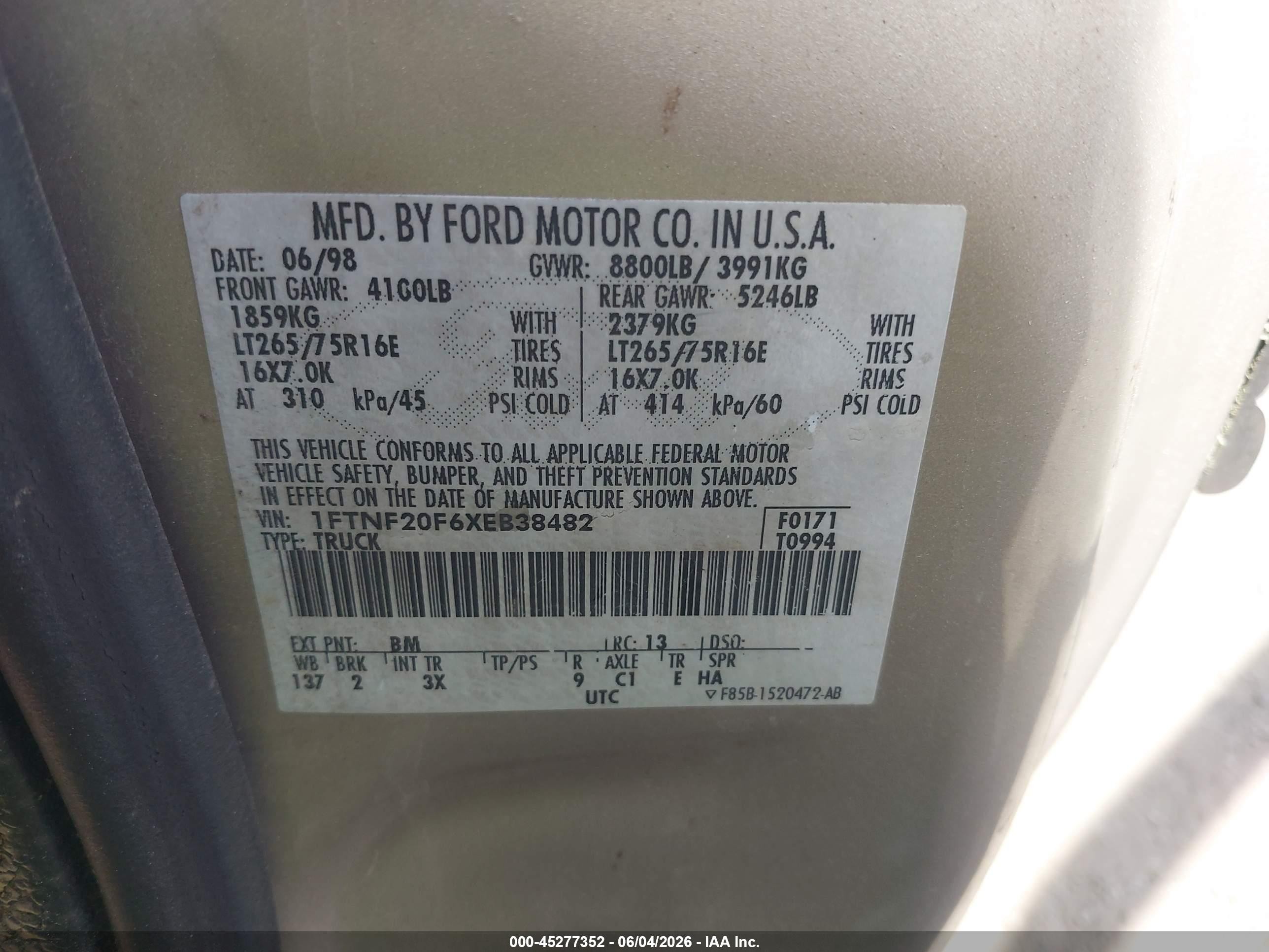 1999 Ford F-250 Lariat/xl/xlt Tan vin: 1FTNF20F6XEB38482
