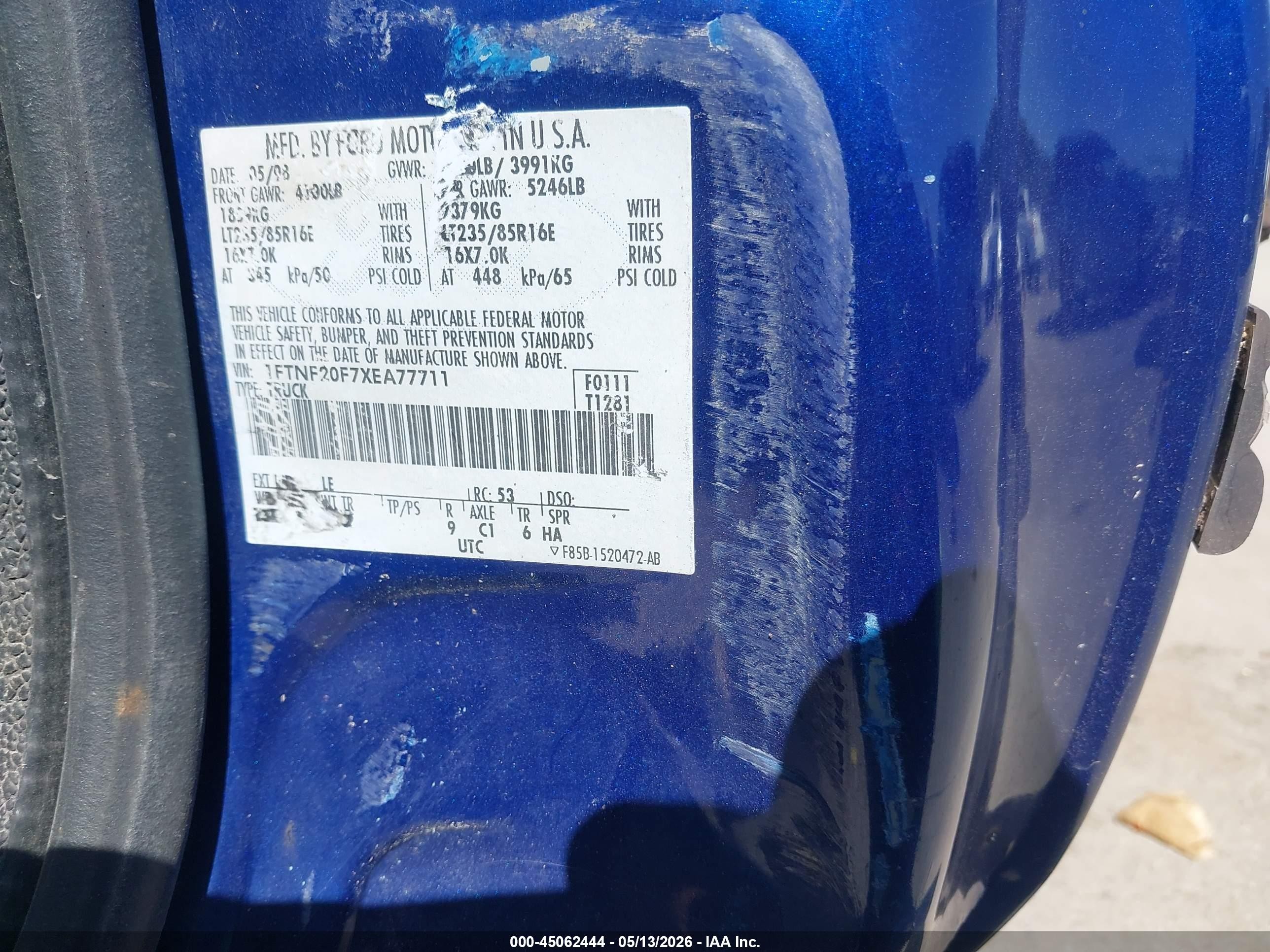 1999 Ford F-250 Lariat/xl/xlt Blue vin: 1FTNF20F7XEA77711