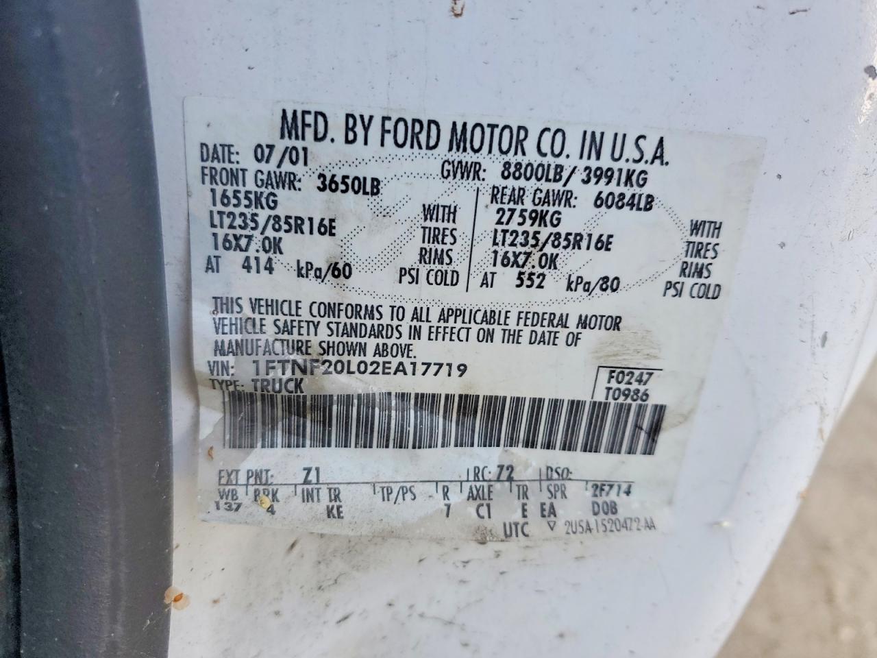 2002 Ford F250 Super Duty White vin: 1FTNF20L02EA17719