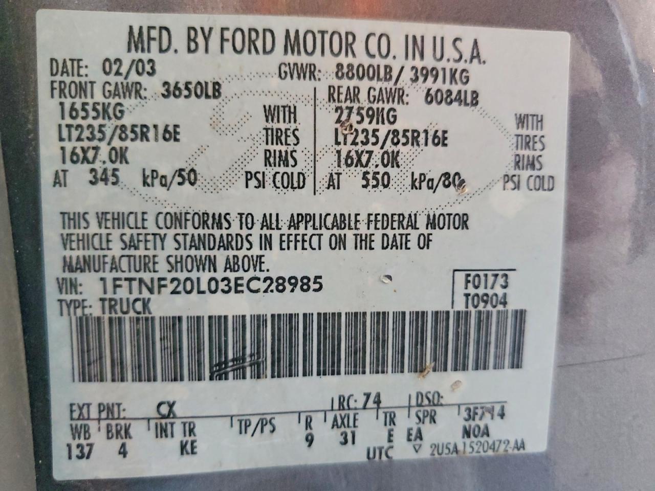 2003 Ford F250 Super Duty Gray vin: 1FTNF20L03EC28985