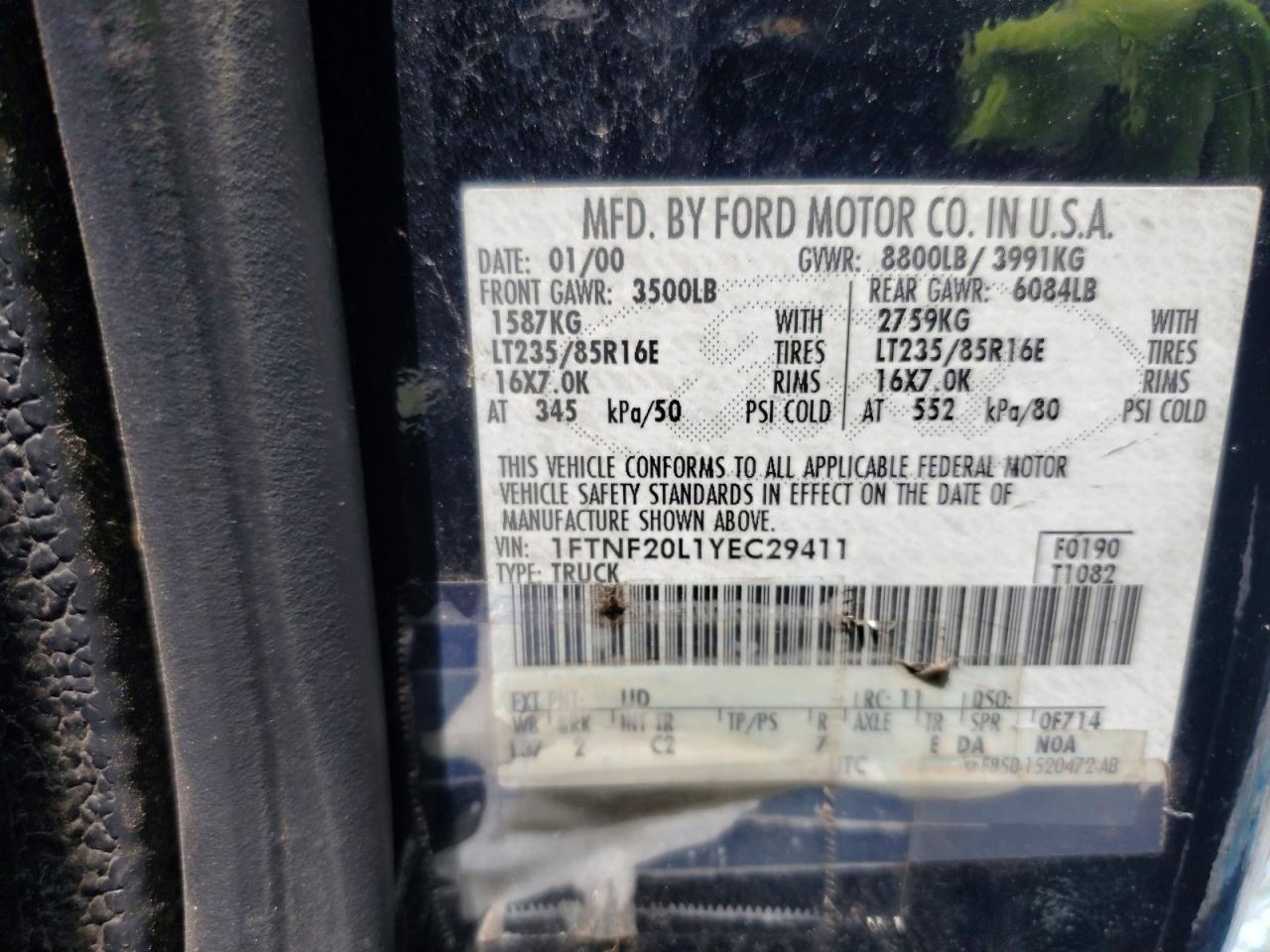 2000 Ford F250 Super Duty Black vin: 1FTNF20L1YEC29411