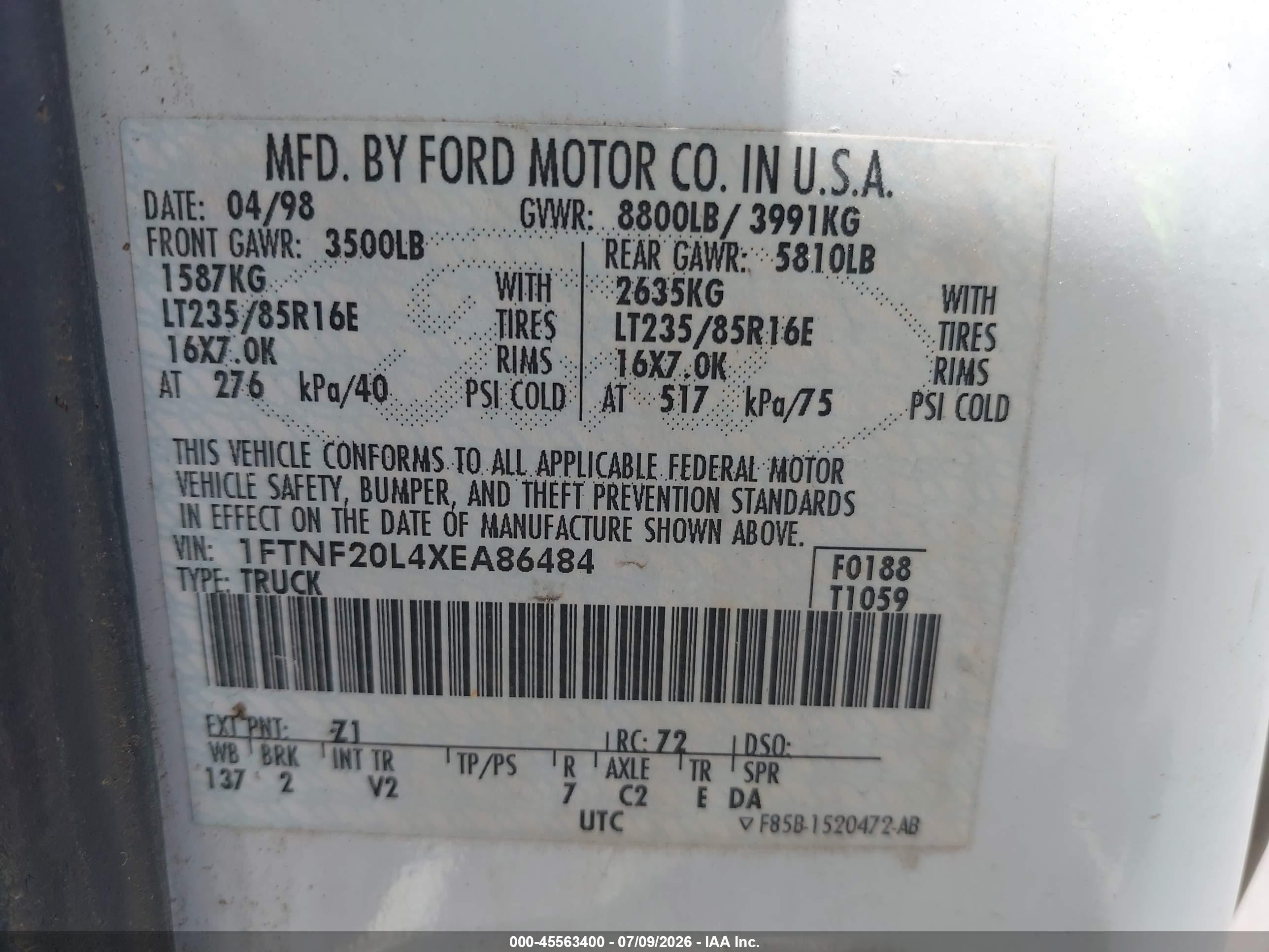 1999 Ford F-250 Lariat/xl/xlt Белый vin: 1FTNF20L4XEA86484