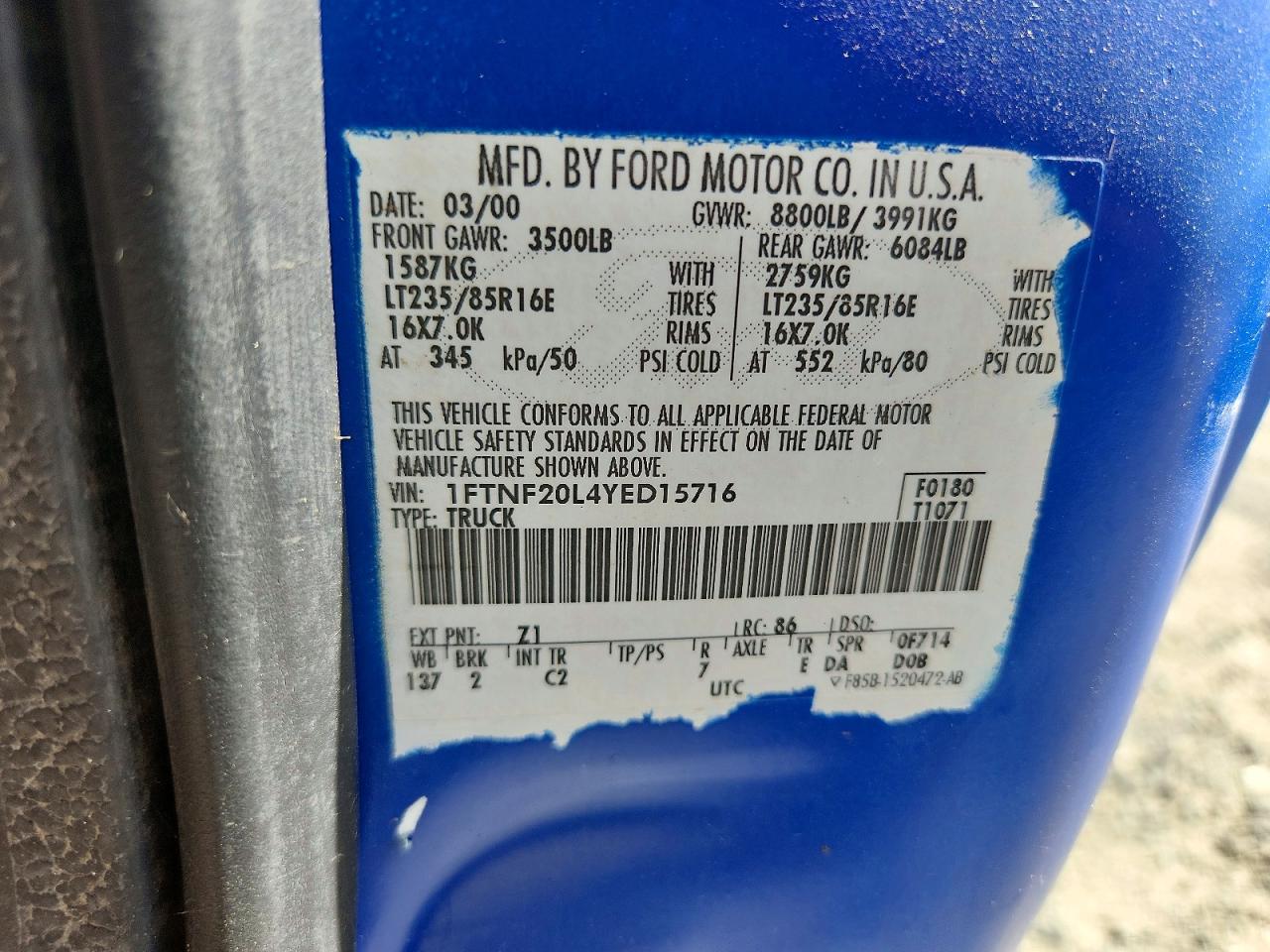 2000 Ford F250 Super Duty Синий vin: 1FTNF20L4YED15716