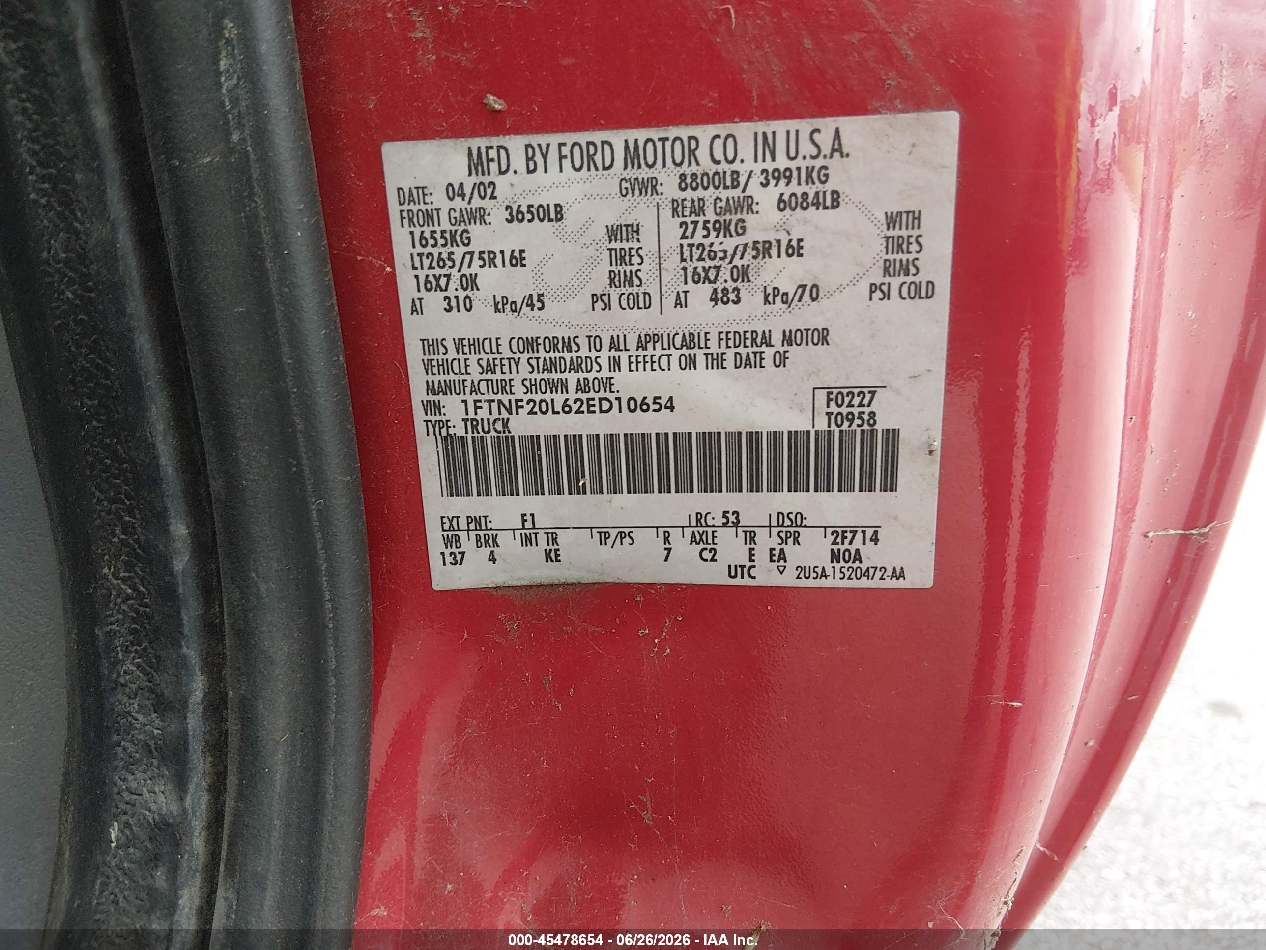 2002 Ford F-250 Xl/xlt Red vin: 1FTNF20L62ED10654