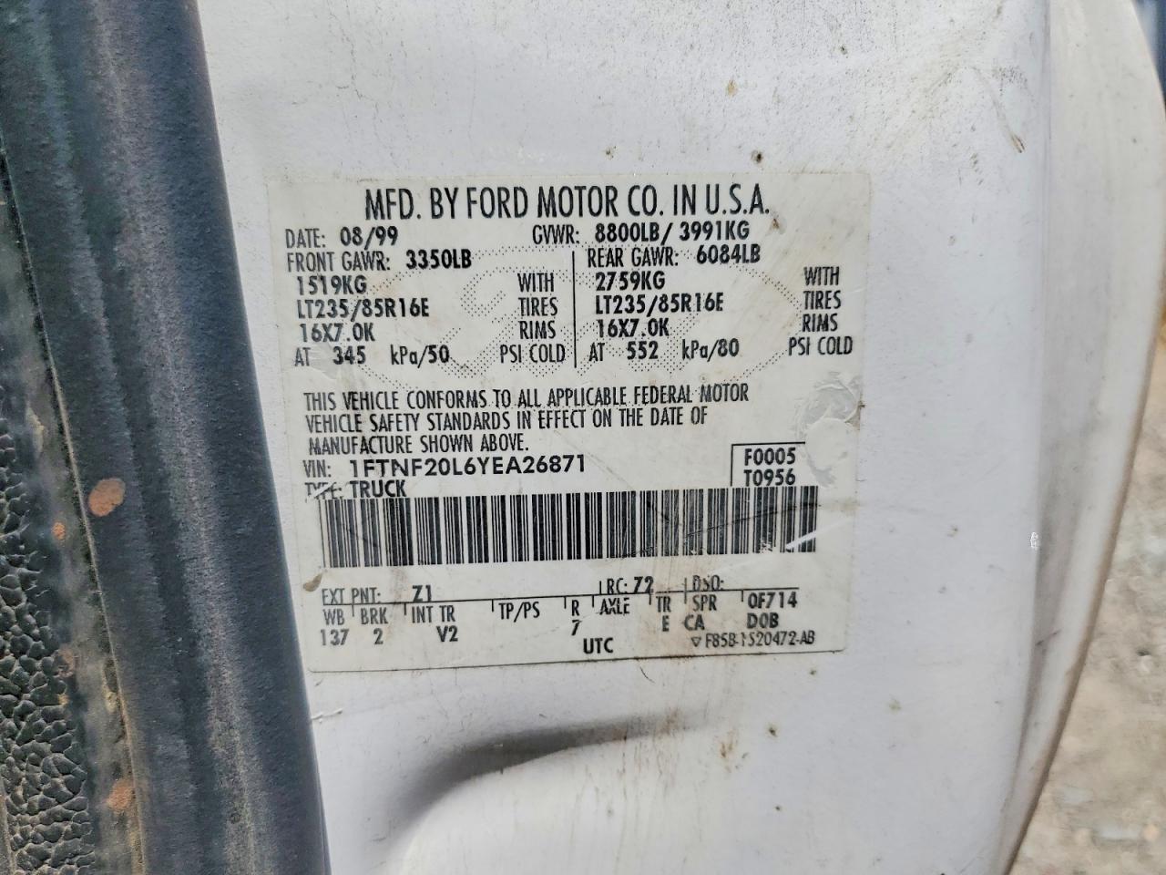 2000 Ford F250 Super Duty White vin: 1FTNF20L6YEA26871