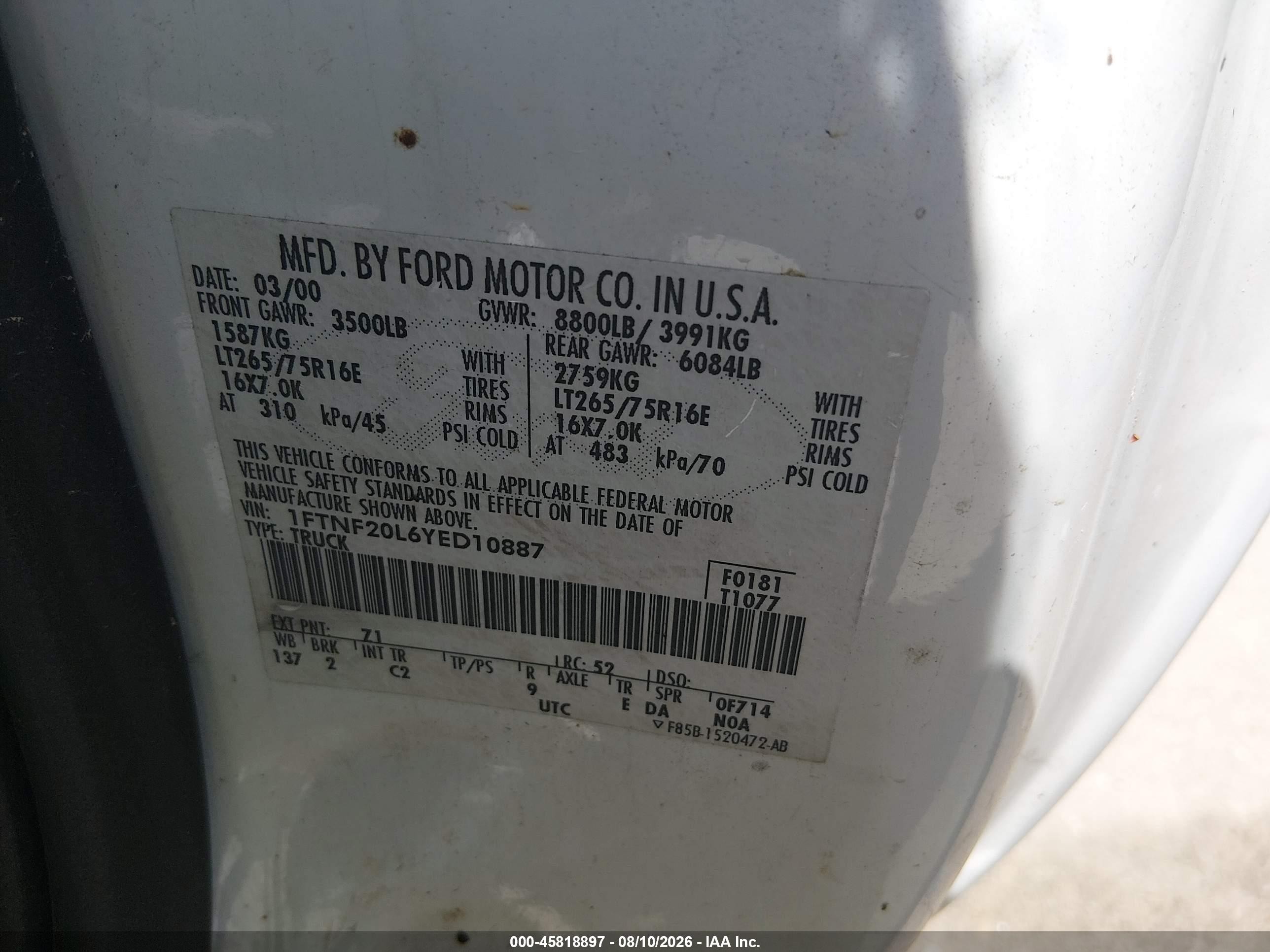 2000 Ford F-250 Lariat/xl/xlt White vin: 1FTNF20L6YED10887