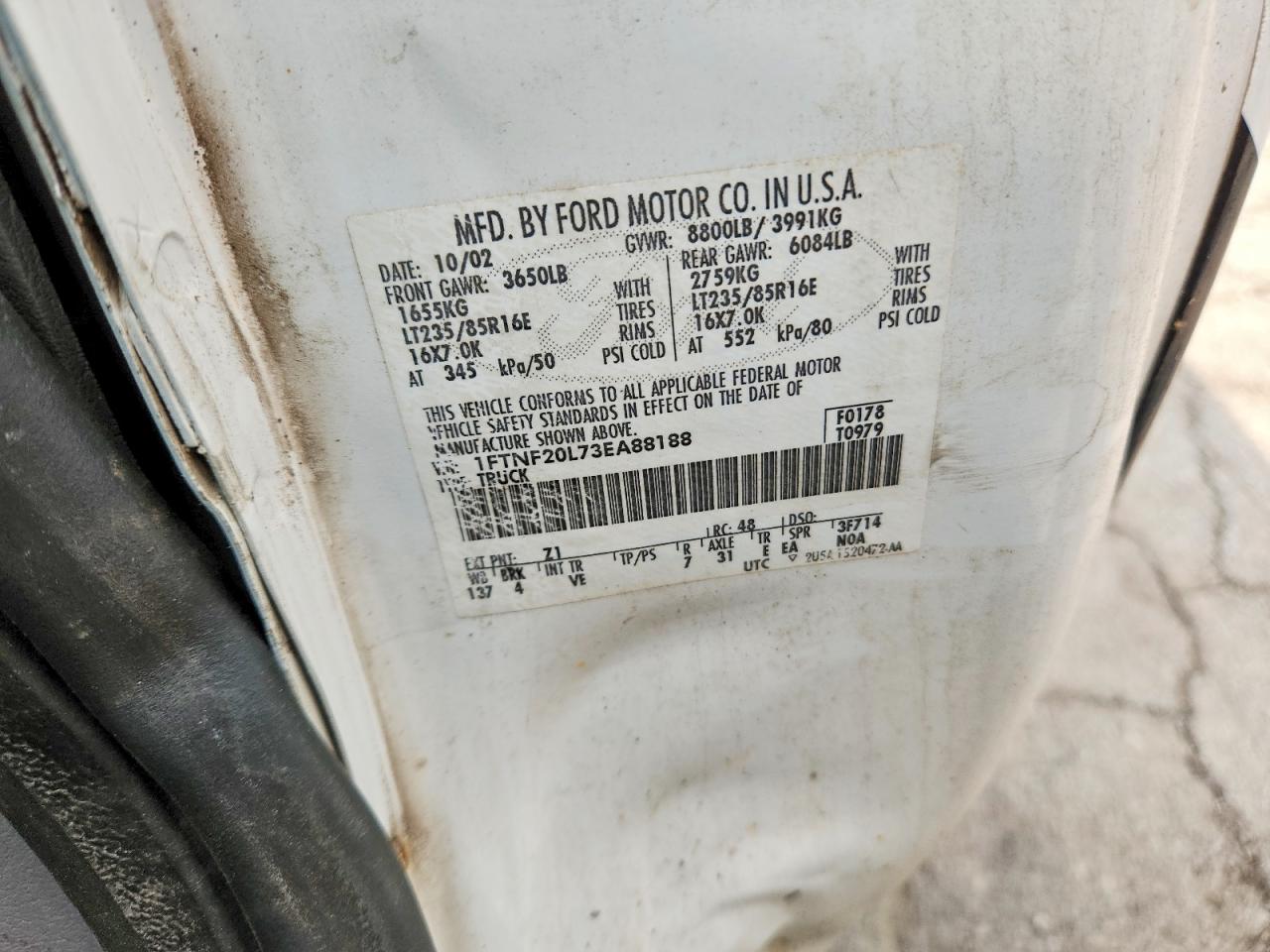 2003 Ford F250 Super Duty White vin: 1FTNF20L73EA88188