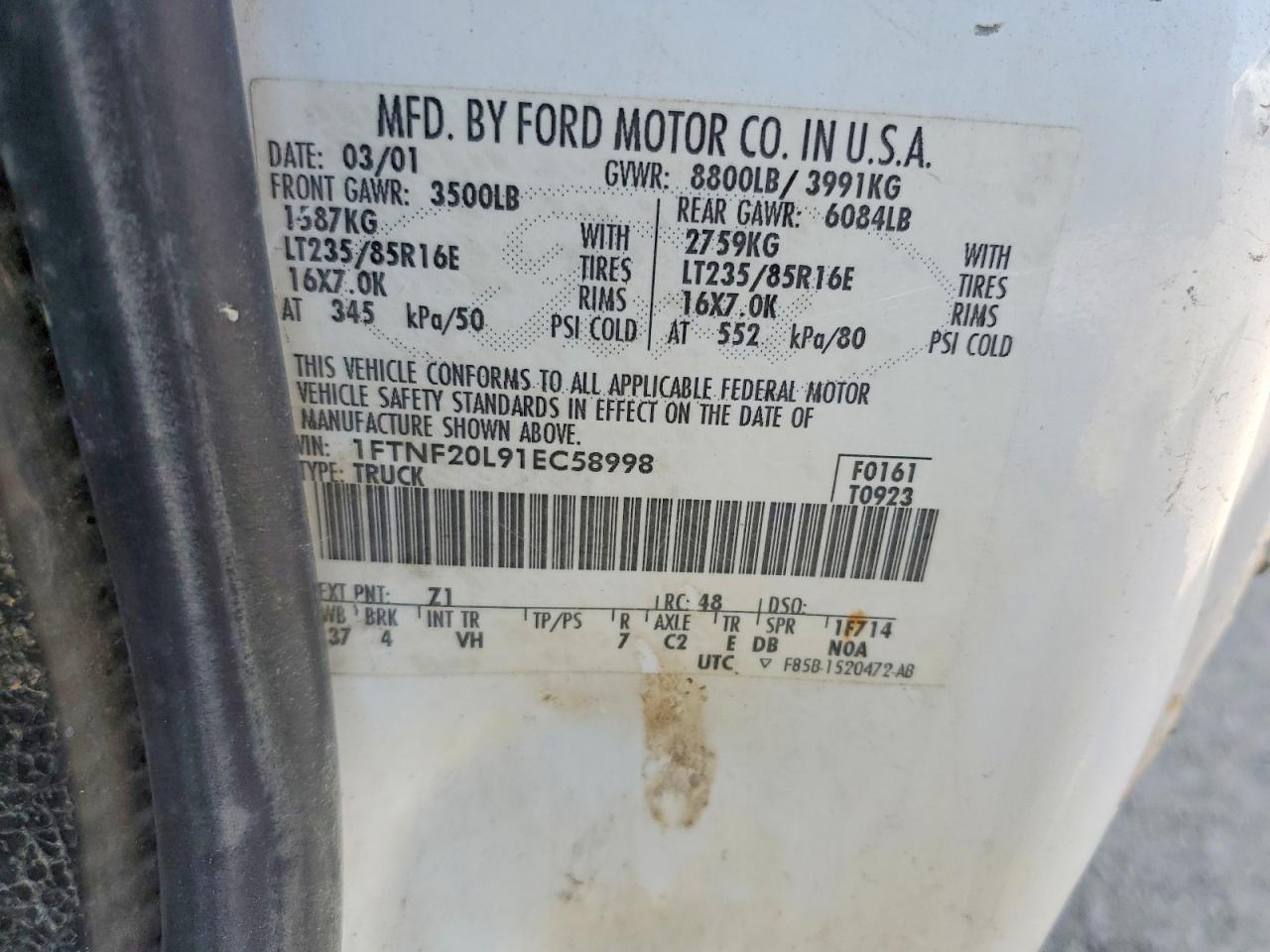 2001 Ford F250 Super Duty White vin: 1FTNF20L91EC58998