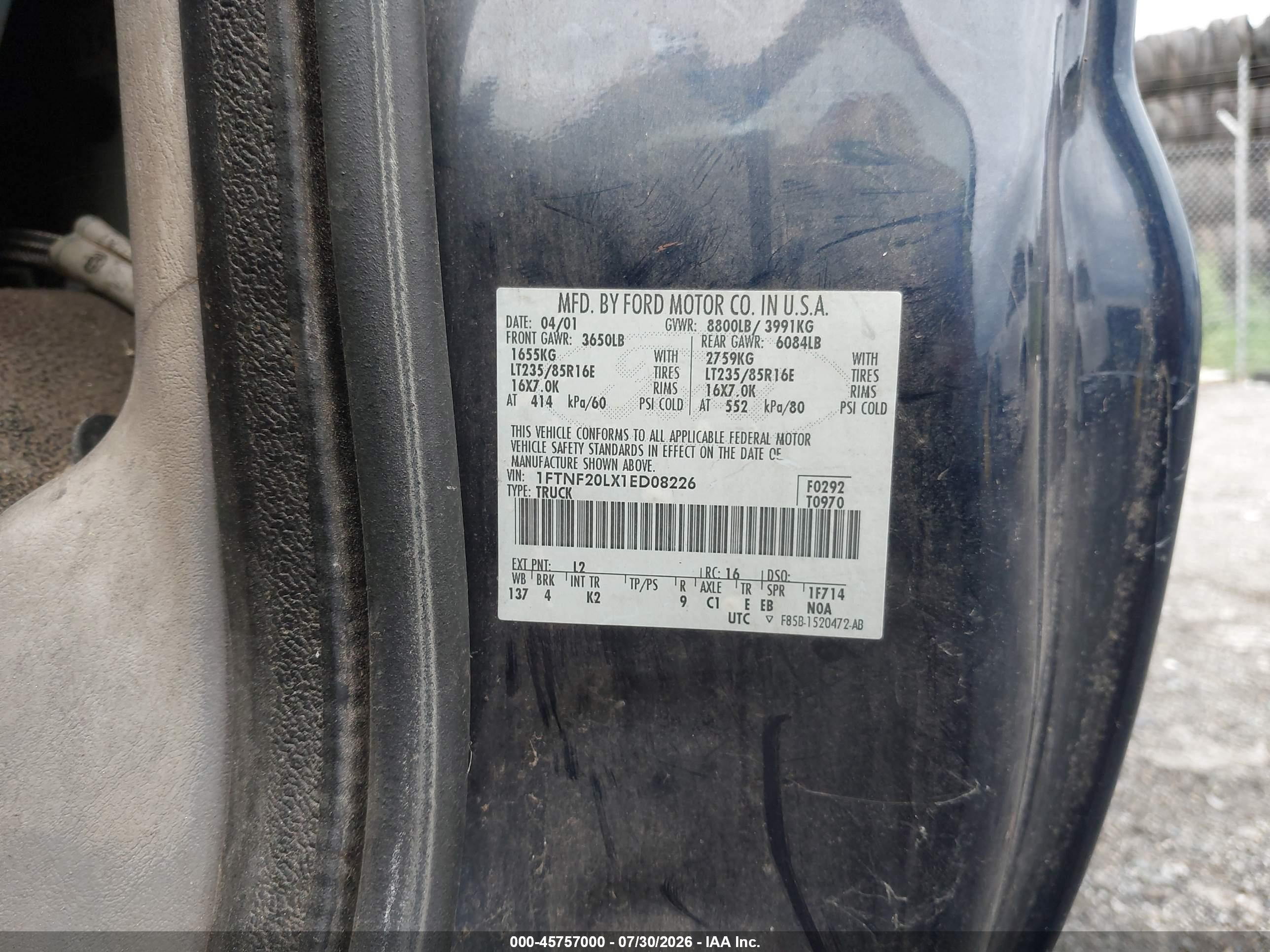 2001 Ford F-250   Blue vin: 1FTNF20LX1ED08226