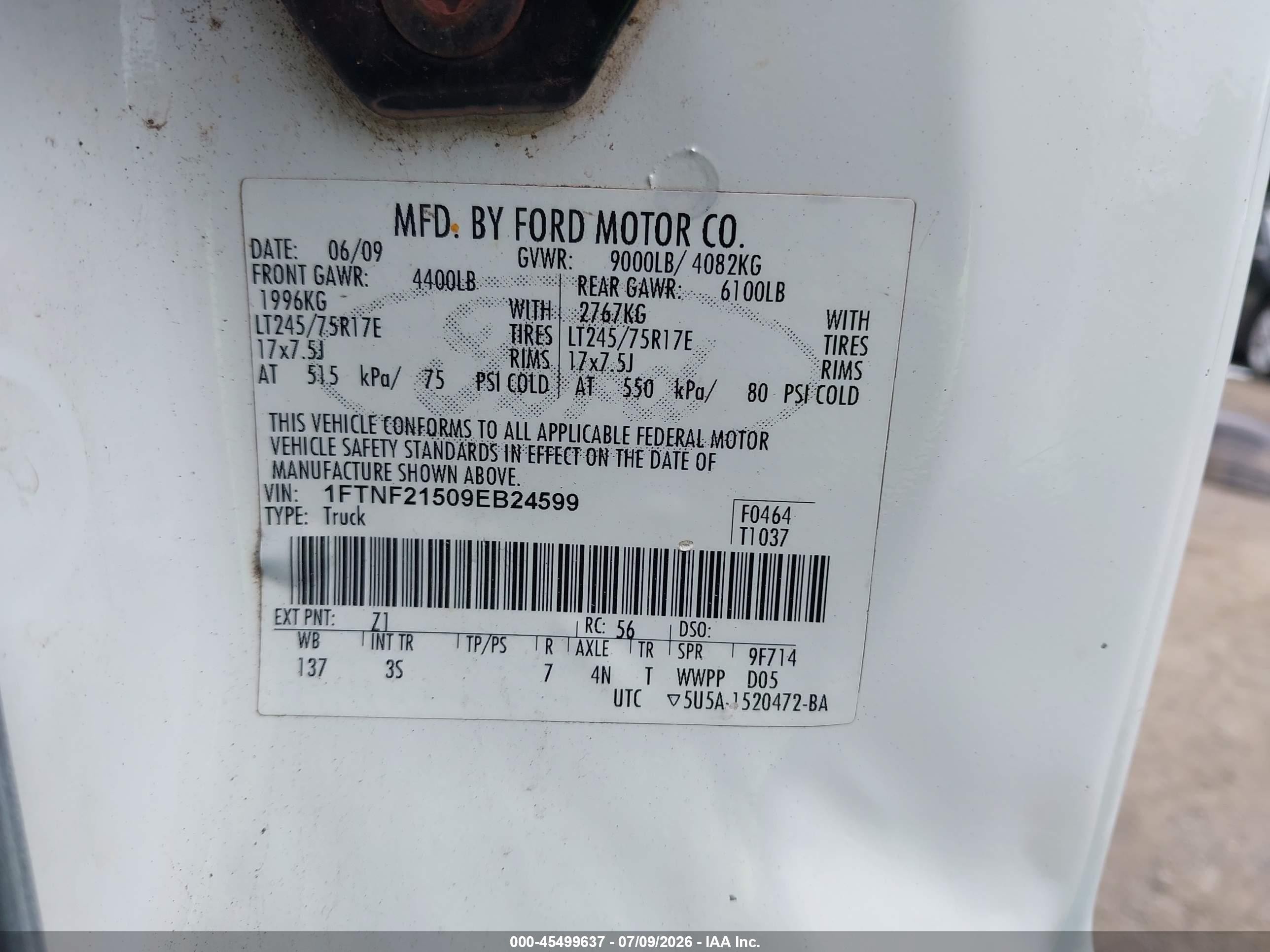 2009 Ford Super Duty F-250 Srw Xl/xlt White vin: 1FTNF21509EB24599