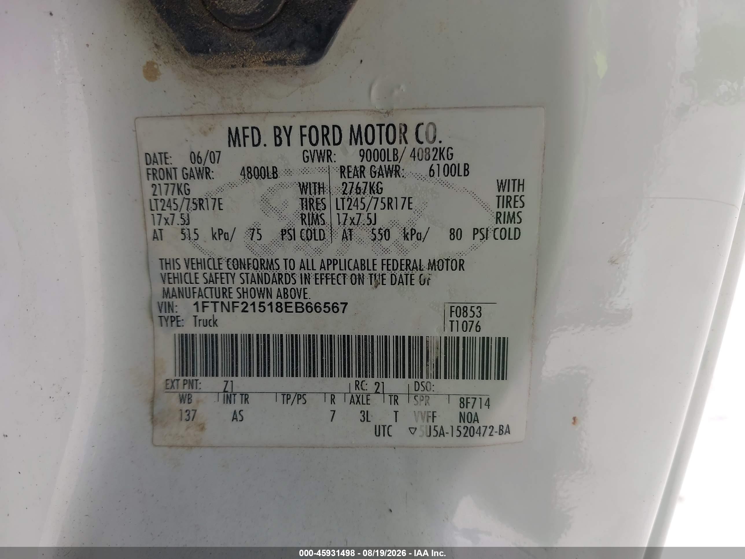 2008 Ford Super Duty F-250 Srw Xl/xlt White vin: 1FTNF21518EB66567