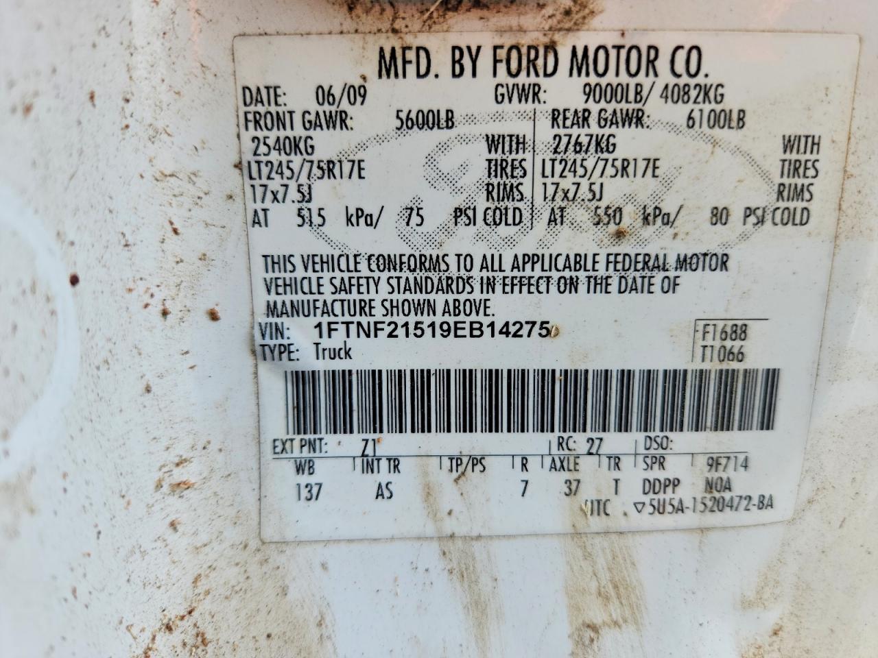 2009 Ford F250 Super Duty White vin: 1FTNF21519EB14275