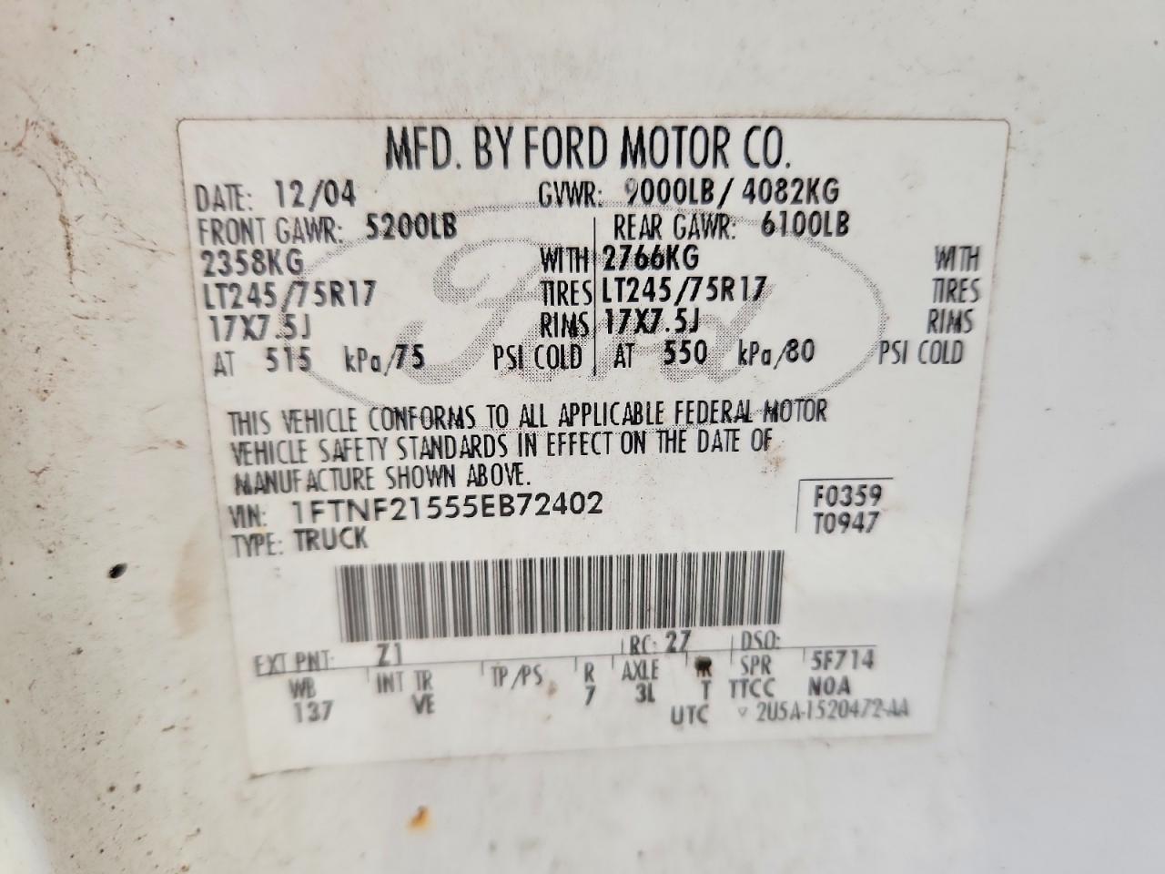 2005 Ford F250 Super Duty White vin: 1FTNF21555EB72402