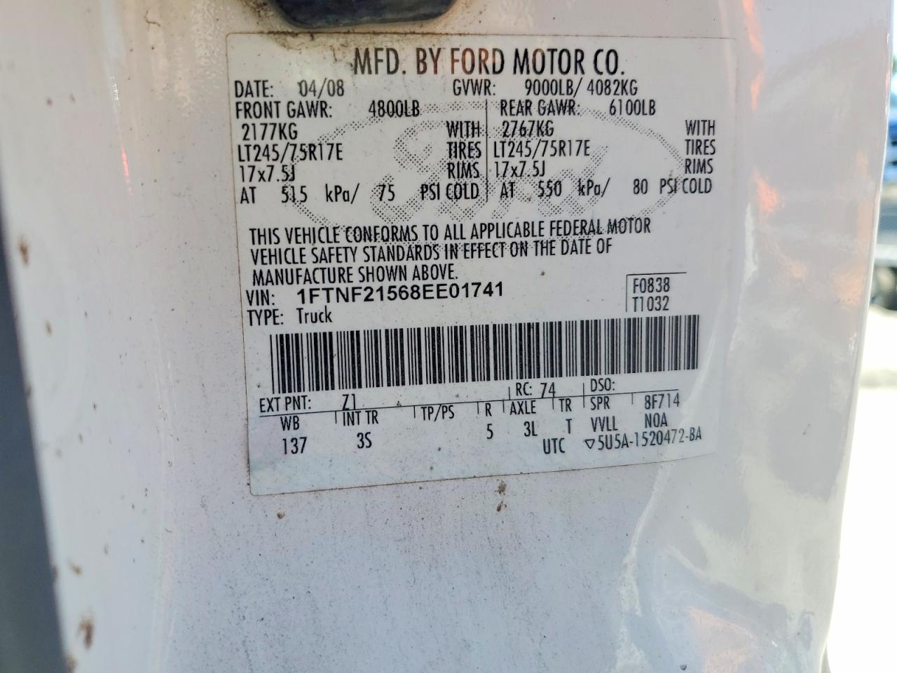 2008 Ford F250 Super Duty White vin: 1FTNF21568EE01741