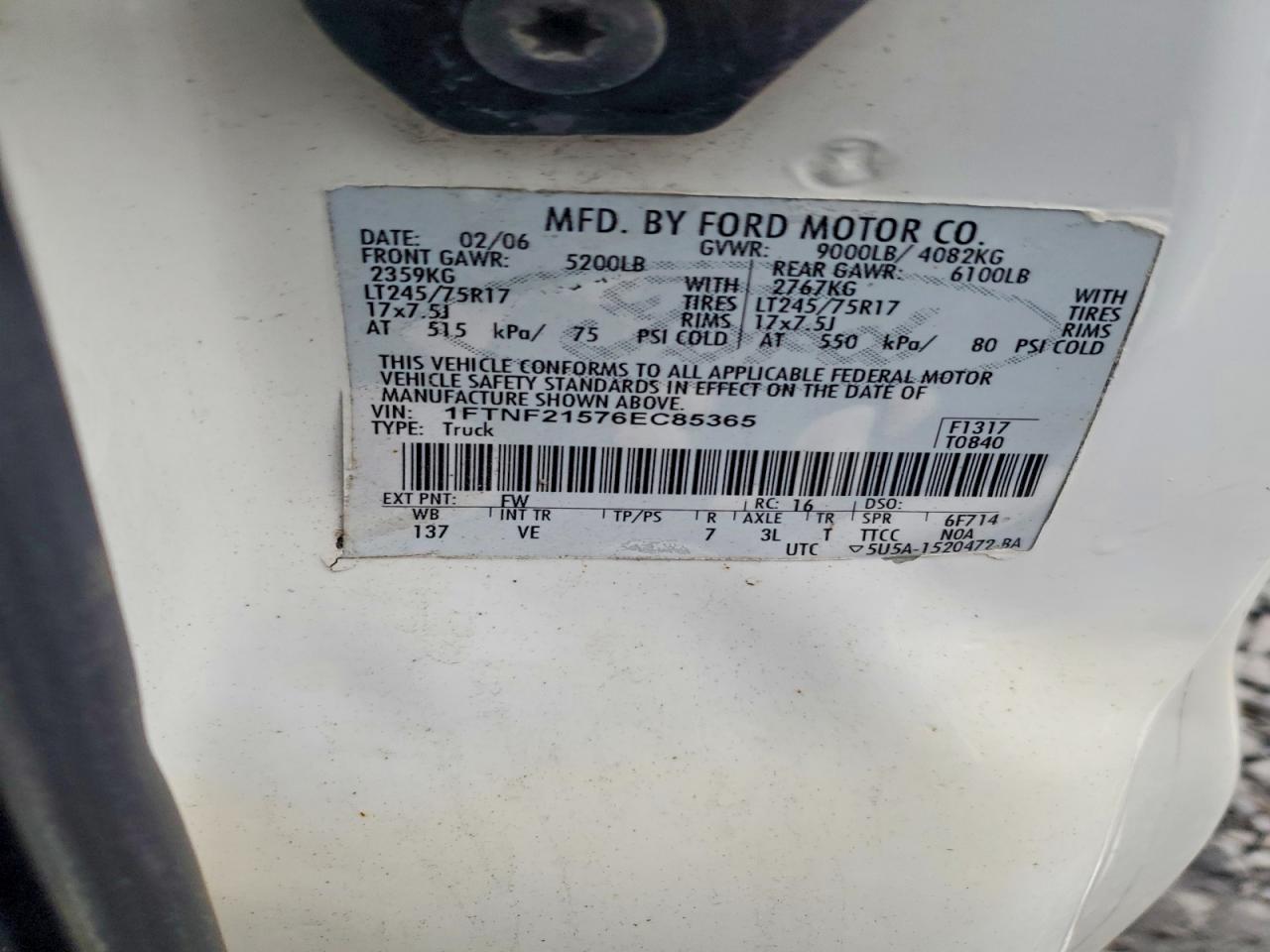 2006 Ford F250 Super Duty White vin: 1FTNF21576EC85365