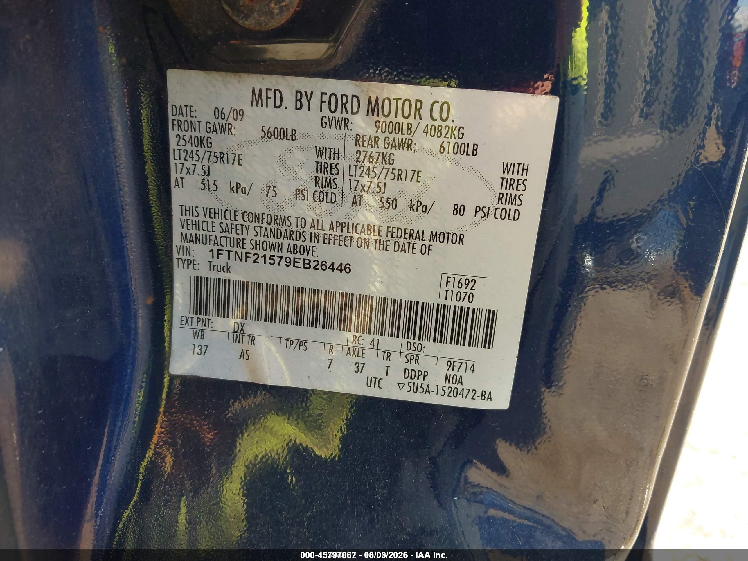 2009 Ford F-250 Xl/xlt Blue vin: 1FTNF21579EB26446