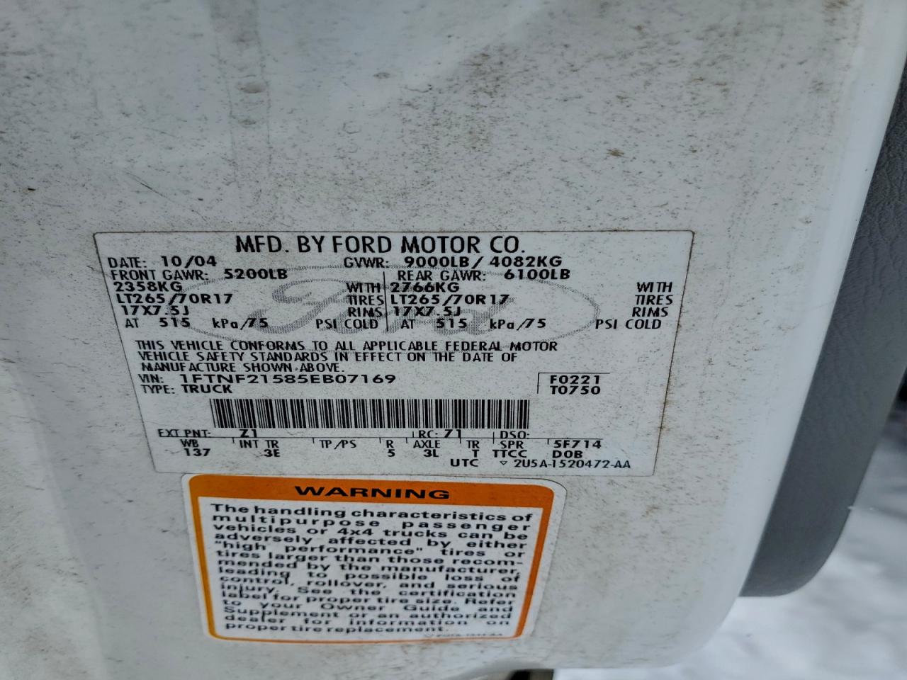 2005 Ford F250 Super Duty White vin: 1FTNF21585EB07169
