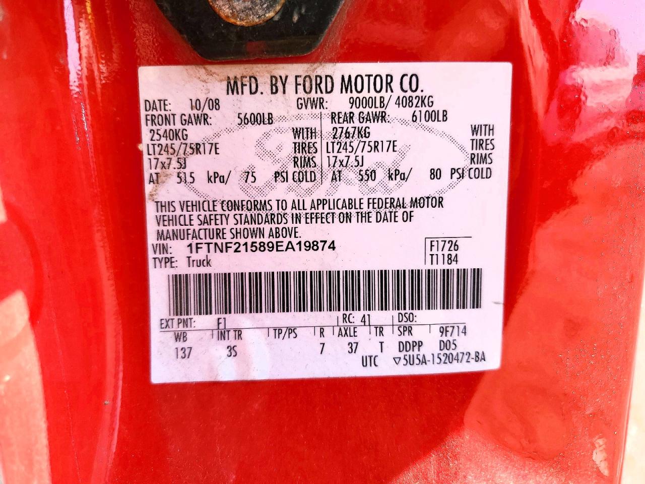 2009 Ford F250 Super Duty Red vin: 1FTNF21589EA19874