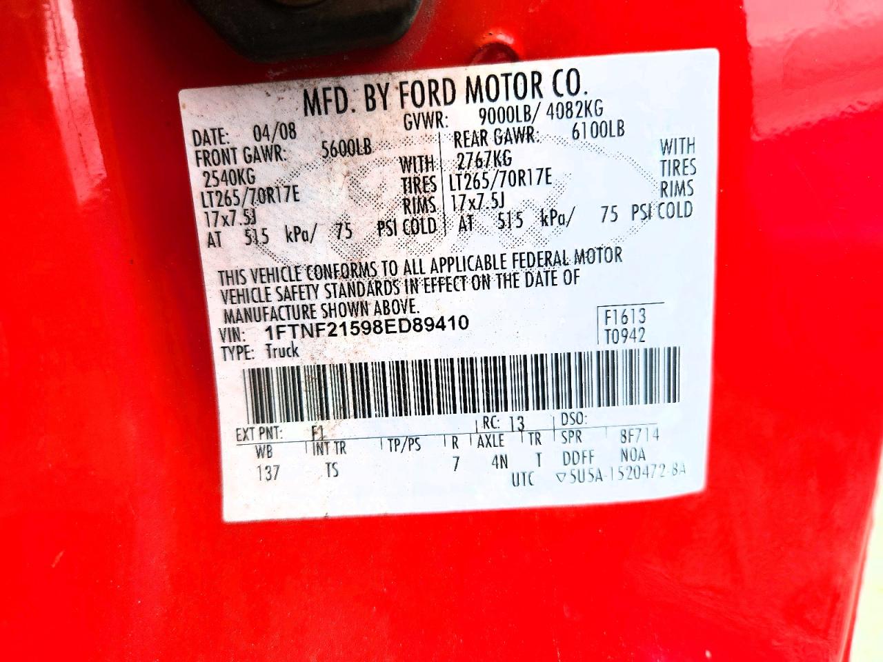 2008 Ford F250 Super Duty Red vin: 1FTNF21598ED89410