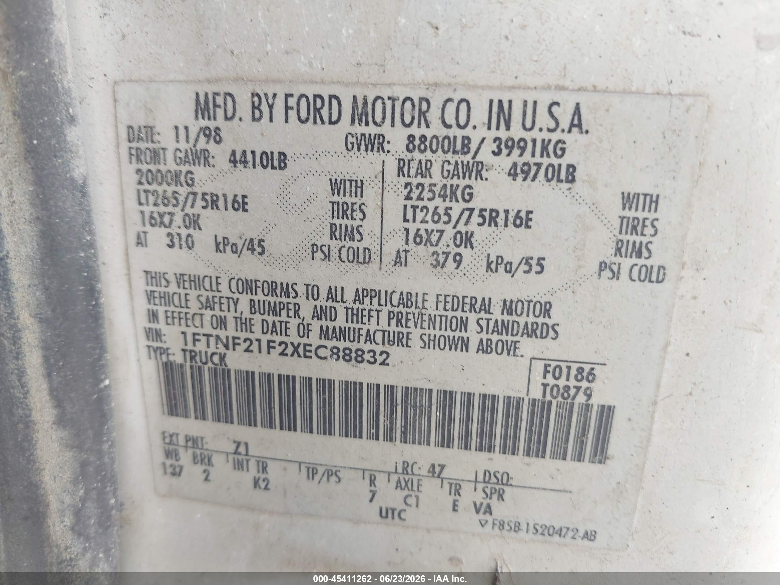 1999 Ford F-250 Lariat/xl/xlt White vin: 1FTNF21F2XEC88832