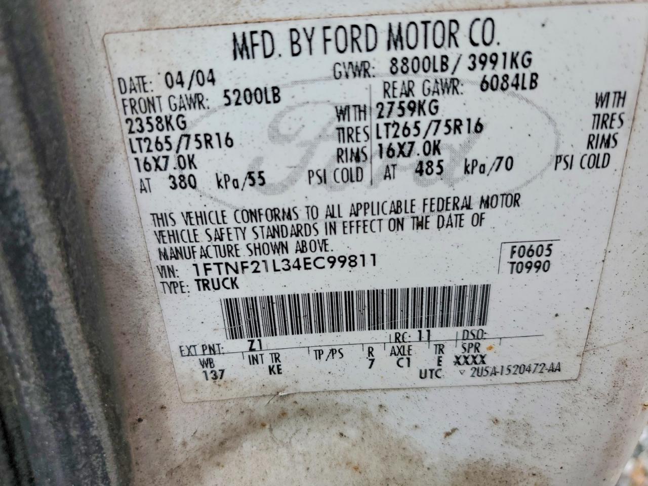 2004 Ford F250 Super Duty White vin: 1FTNF21L34EC99811