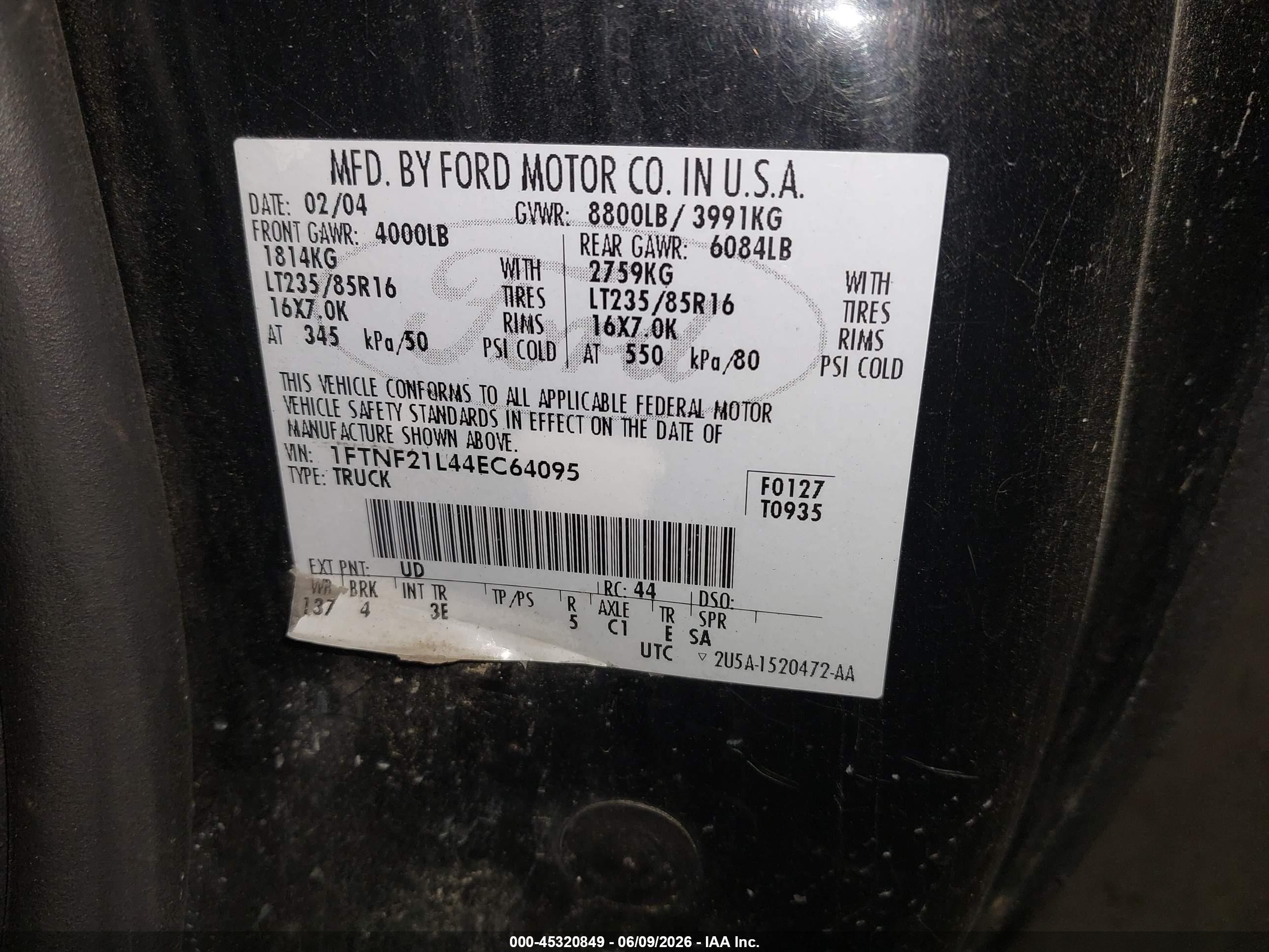 2004 Ford F-250 Xl/xlt Black vin: 1FTNF21L44EC64095