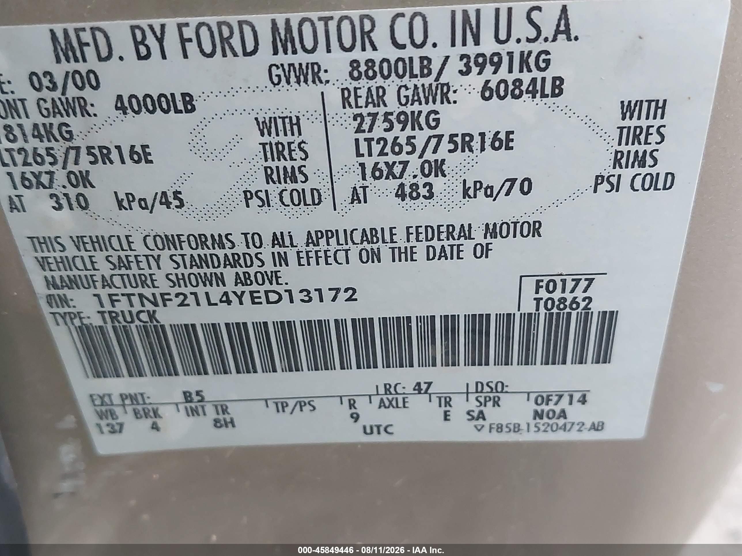 2000 Ford F-250 Lariat/xl/xlt Tan vin: 1FTNF21L4YED13172
