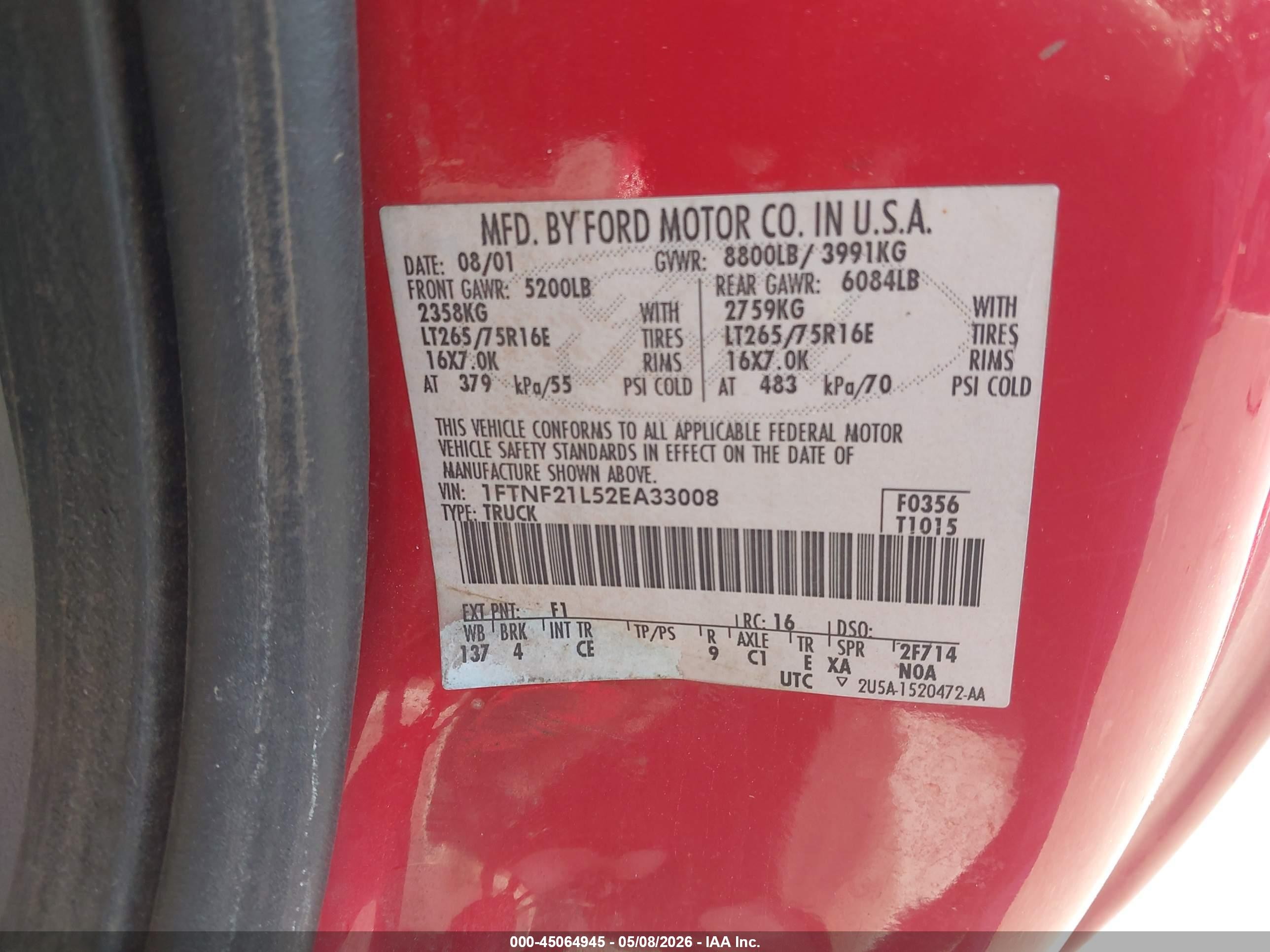 2002 Ford F-250 Xl/xlt Red vin: 1FTNF21L52EA33008