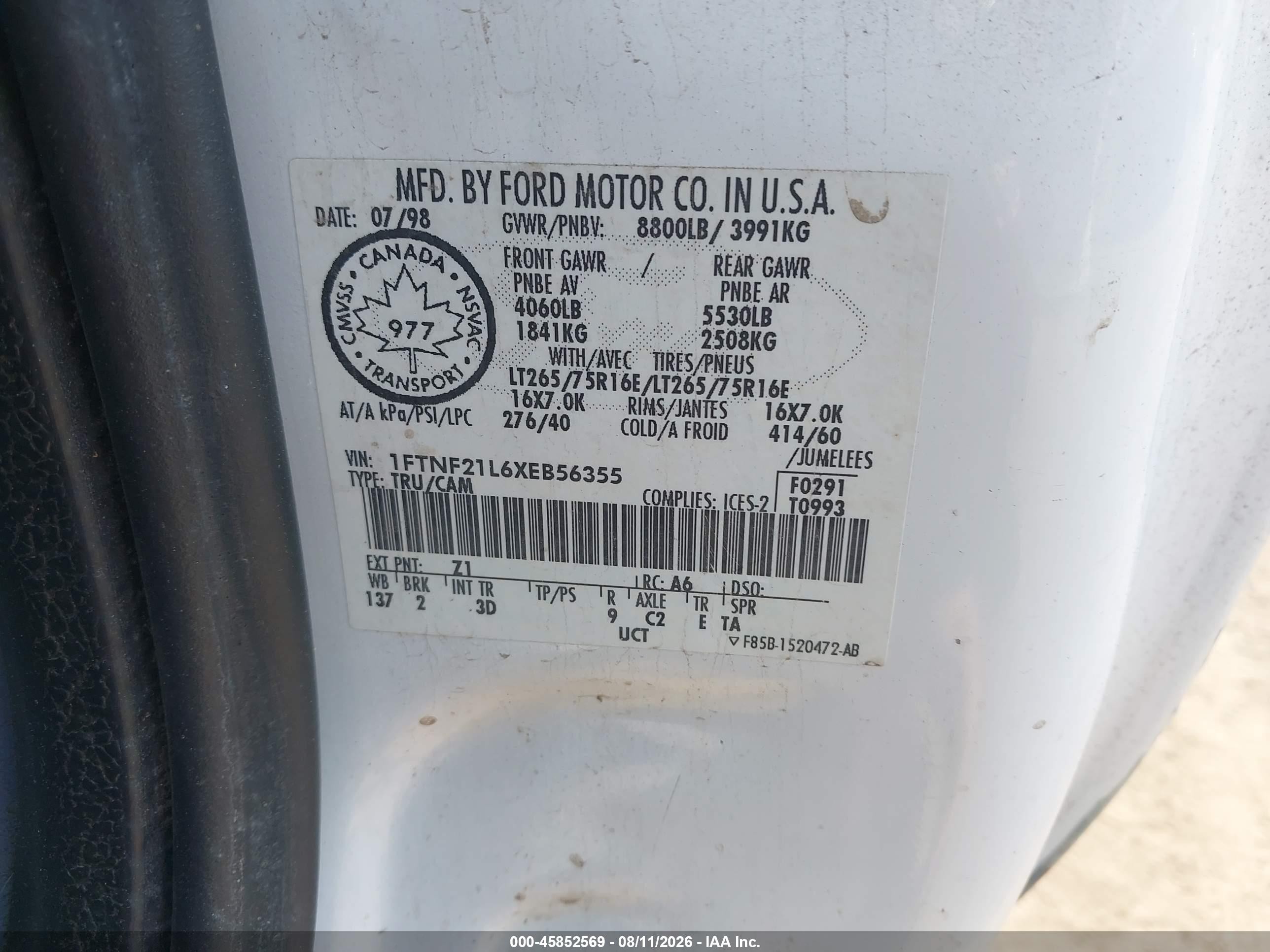 1999 Ford F-250 Lariat/xl/xlt White vin: 1FTNF21L6XEB56355