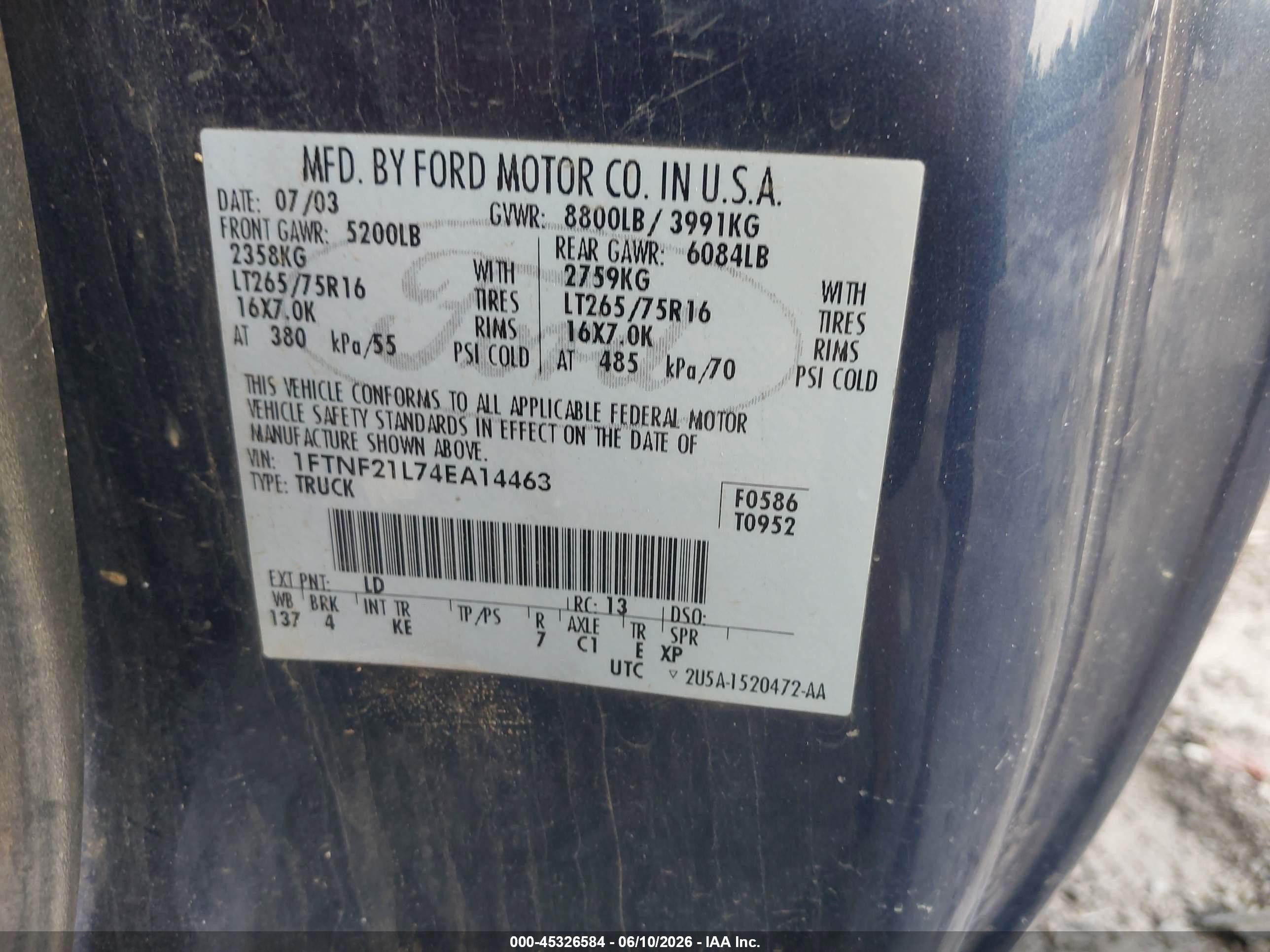 2004 Ford F-250 Xl/xlt Blue vin: 1FTNF21L74EA14463