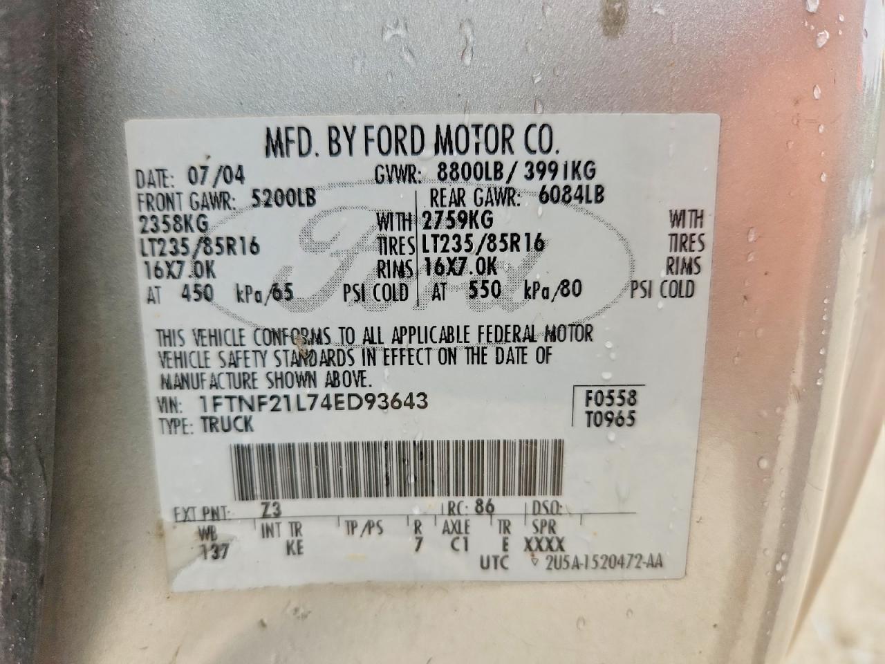 2004 Ford F250 Super Duty White vin: 1FTNF21L74ED93643