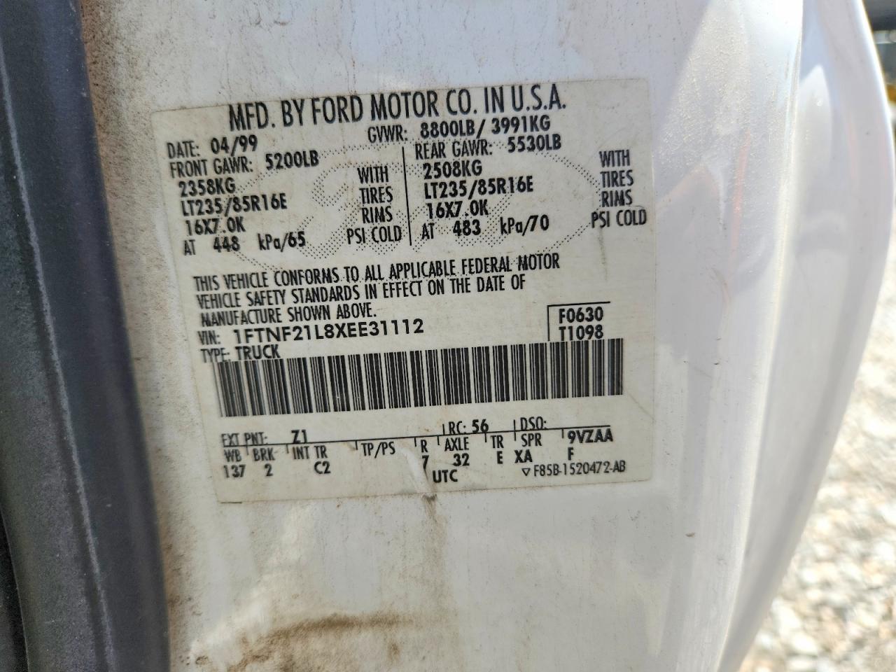 1999 Ford F250 Super Duty White vin: 1FTNF21L8XEE31112
