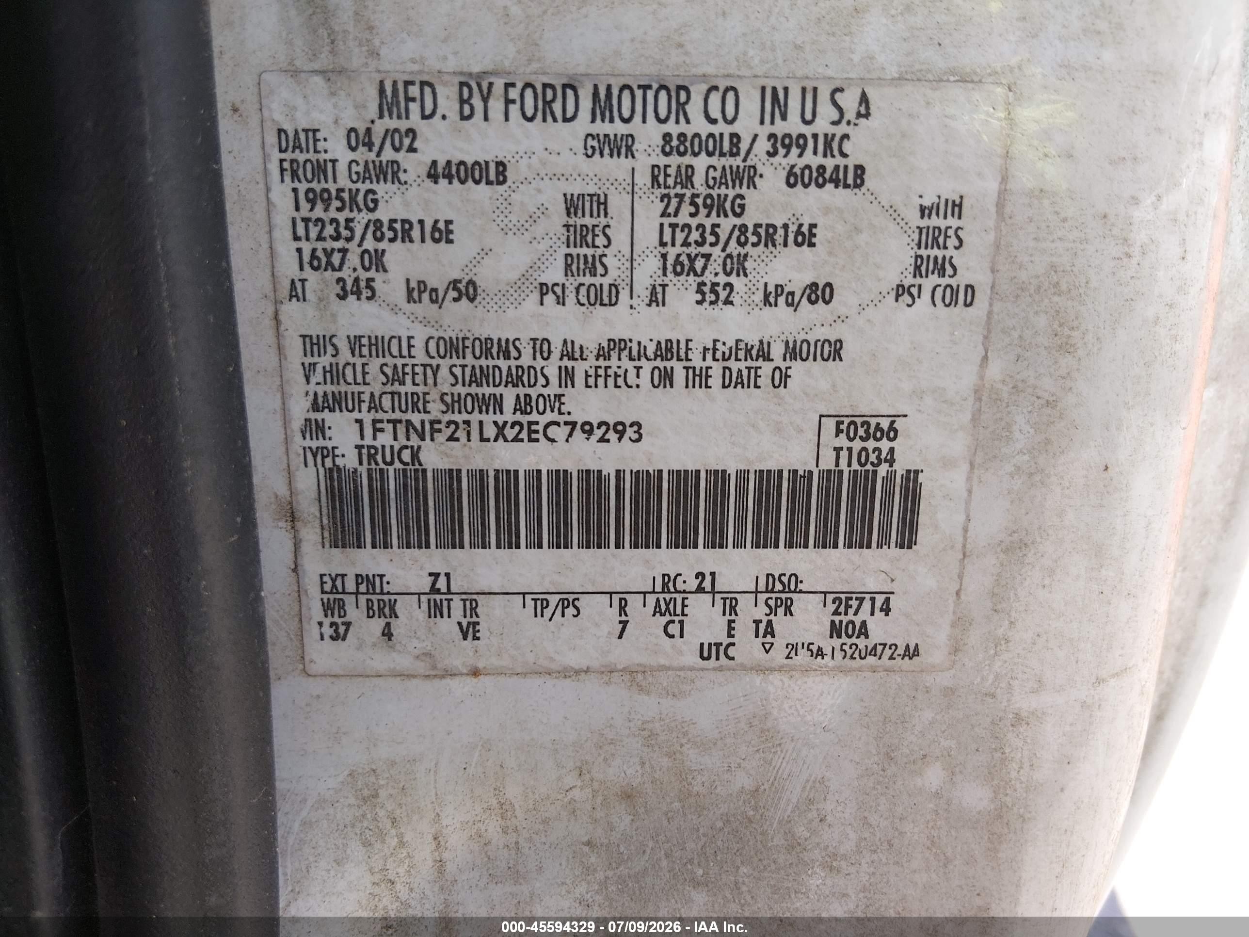 2002 Ford F-250 Xl/xlt Белый vin: 1FTNF21LX2EC79293