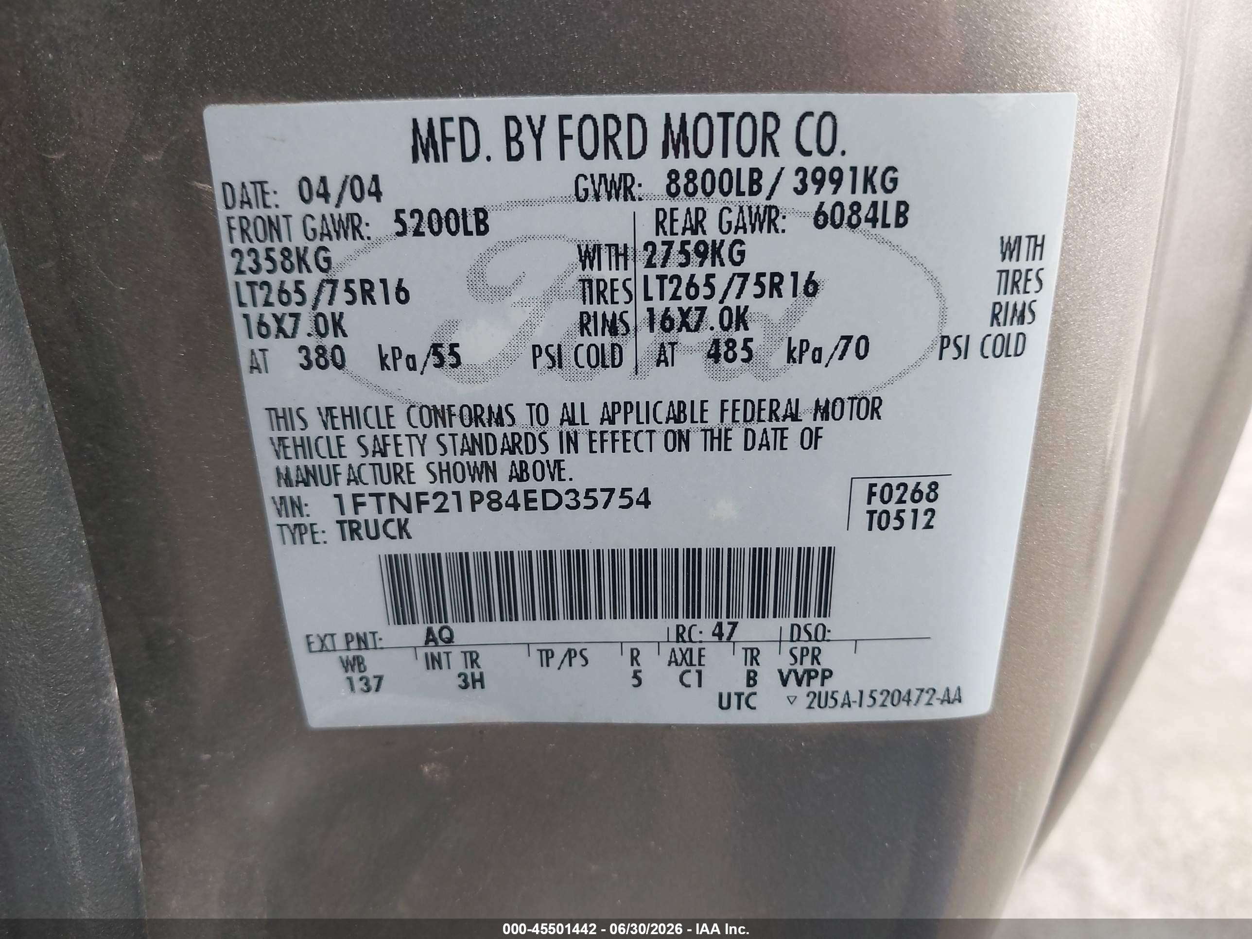 2004 Ford F-250 Xl/xlt Gold vin: 1FTNF21P84ED35754
