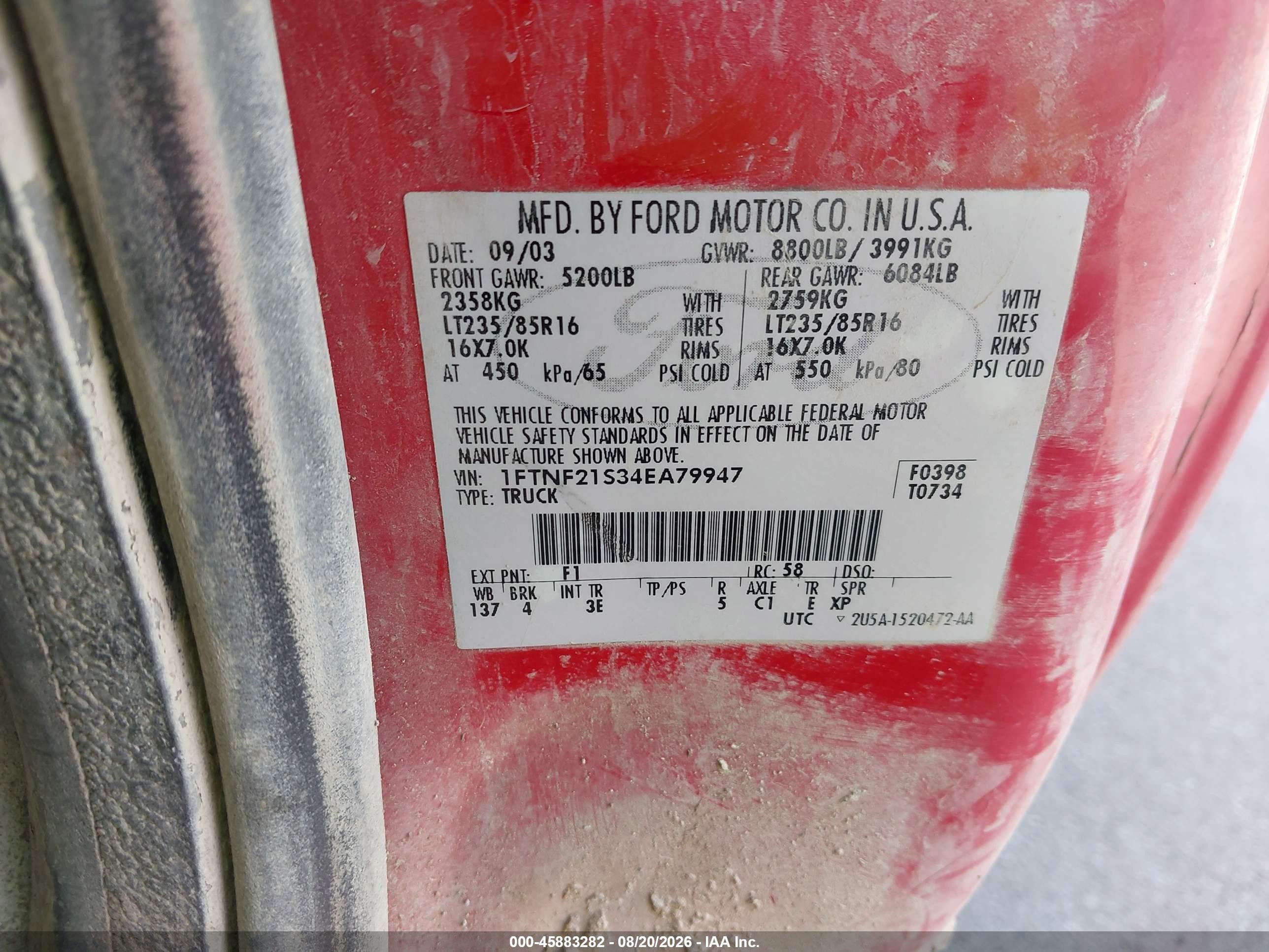2004 Ford F-250 Xl/xlt Red vin: 1FTNF21S34EA79947