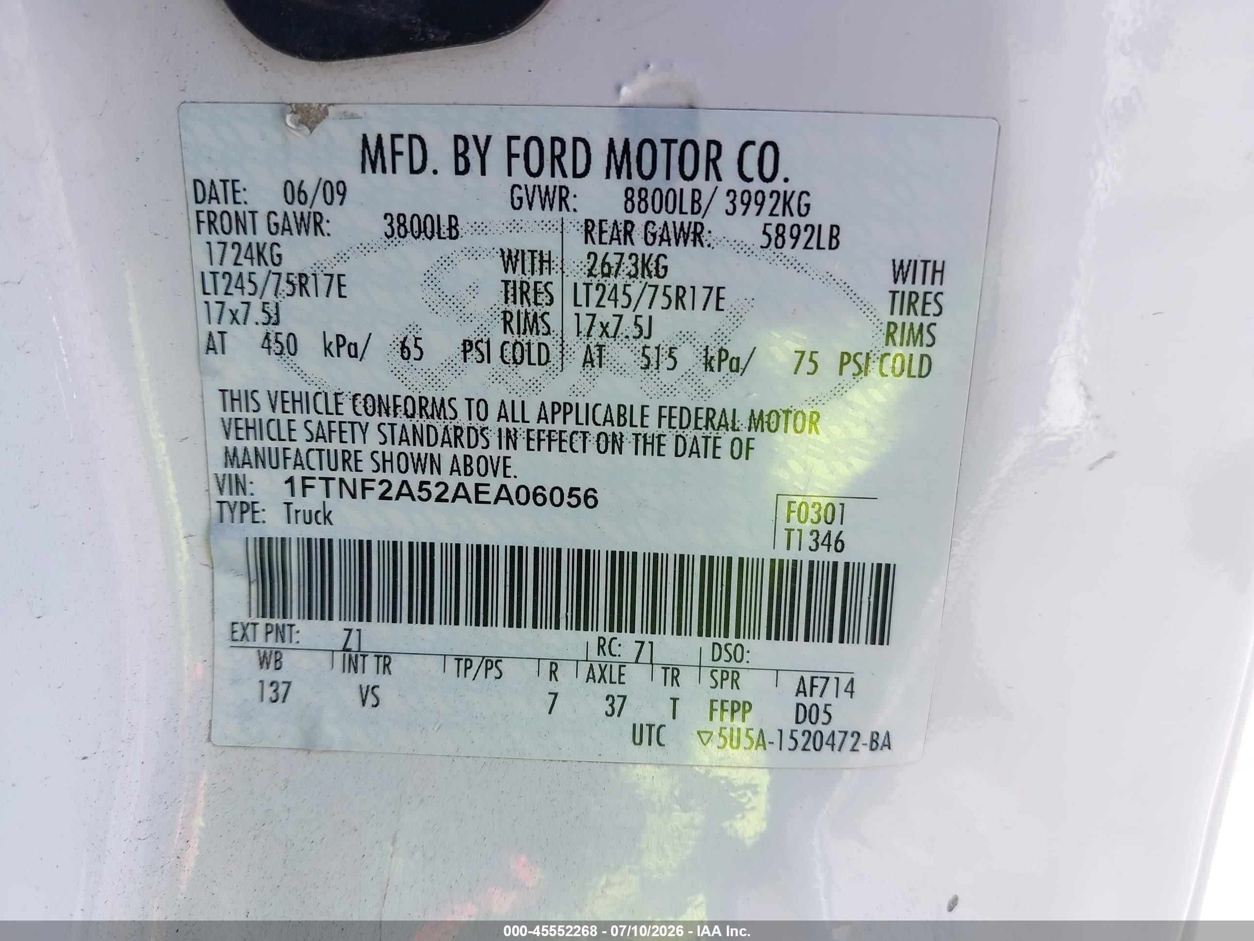 2010 Ford F-250 Xl/xlt White vin: 1FTNF2A52AEA06056