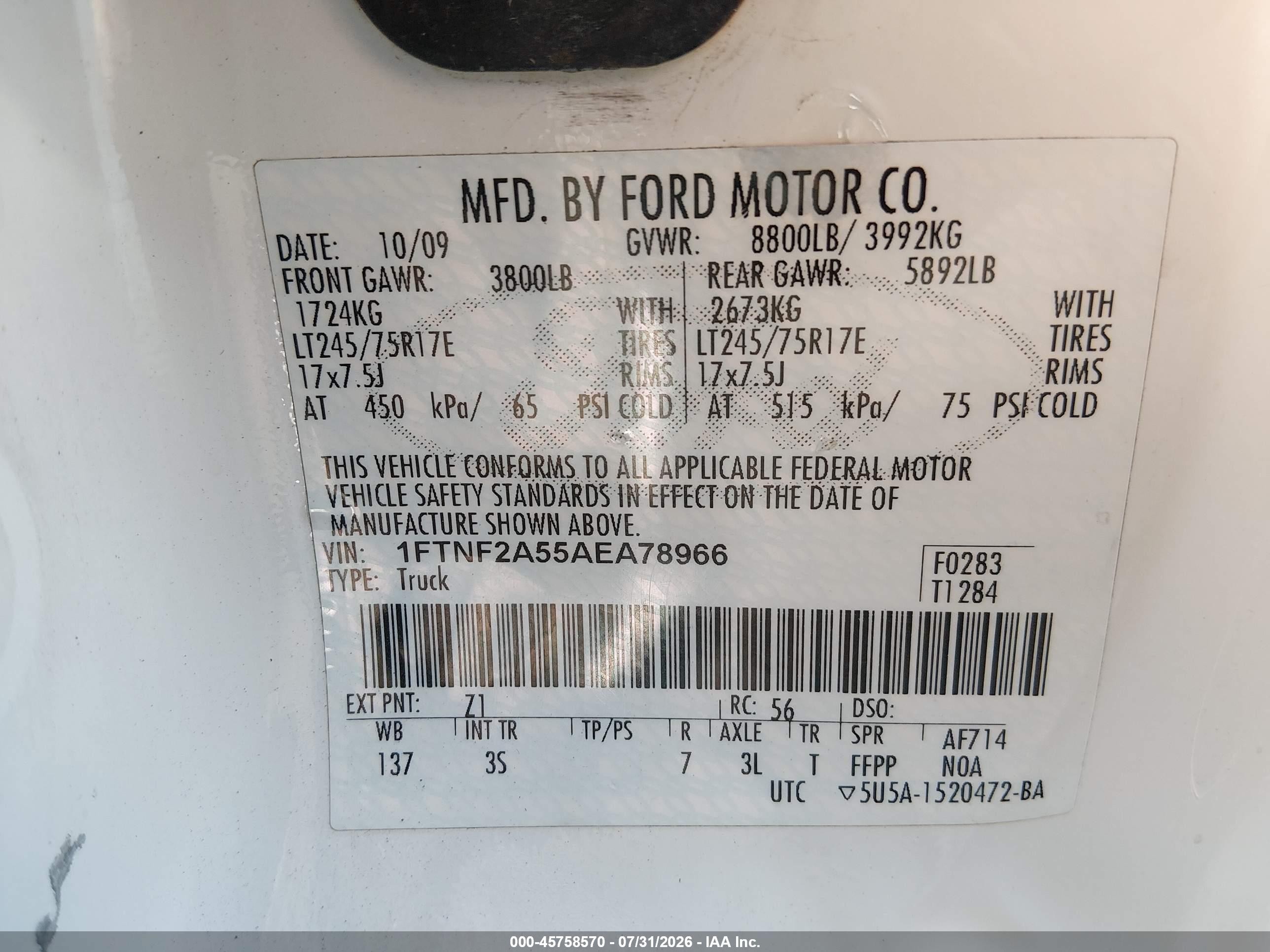 2010 Ford Super Duty F-250 Srw Xl/xlt White vin: 1FTNF2A55AEA78966