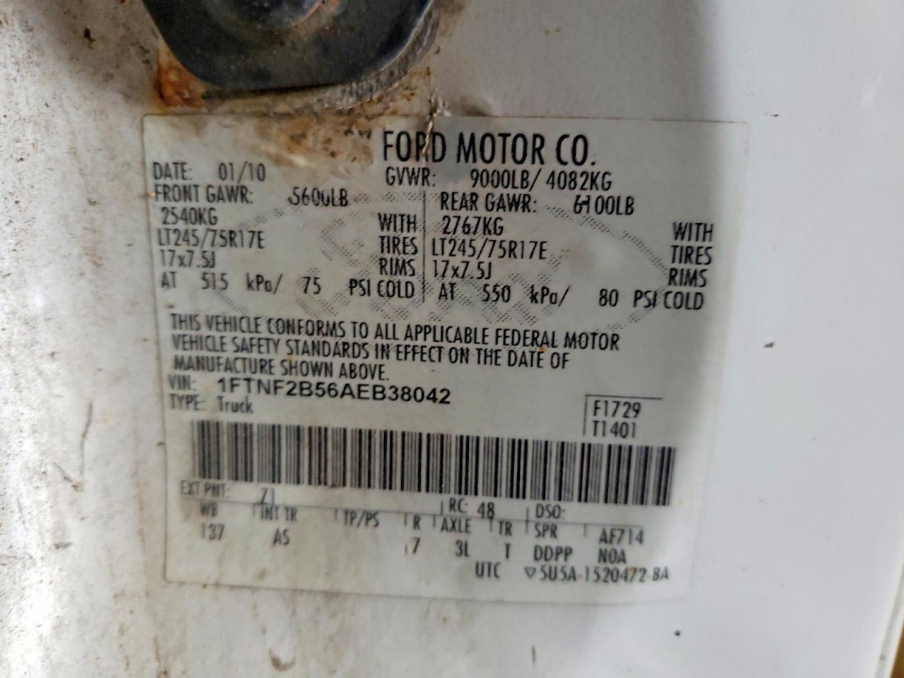 2010 Ford F250 Super Duty White vin: 1FTNF2B56AEB38042