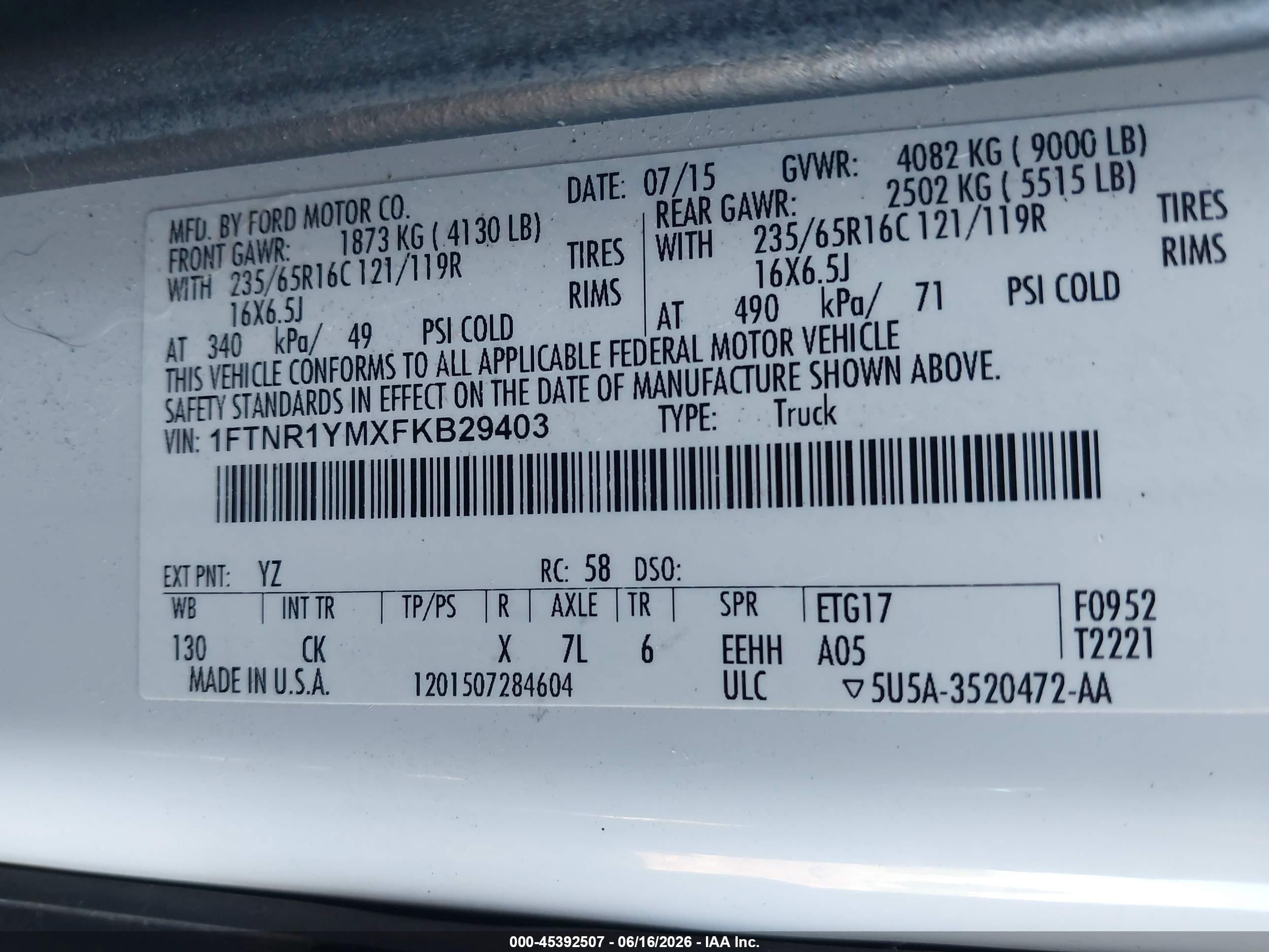 2015 Ford Transit-250   White vin: 1FTNR1YMXFKB29403