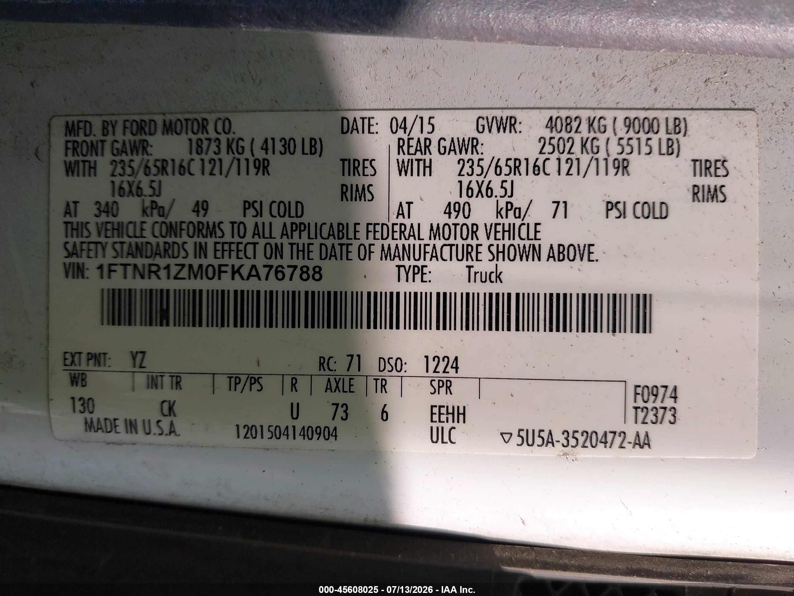 2015 Ford Transit-250   White vin: 1FTNR1ZM0FKA76788