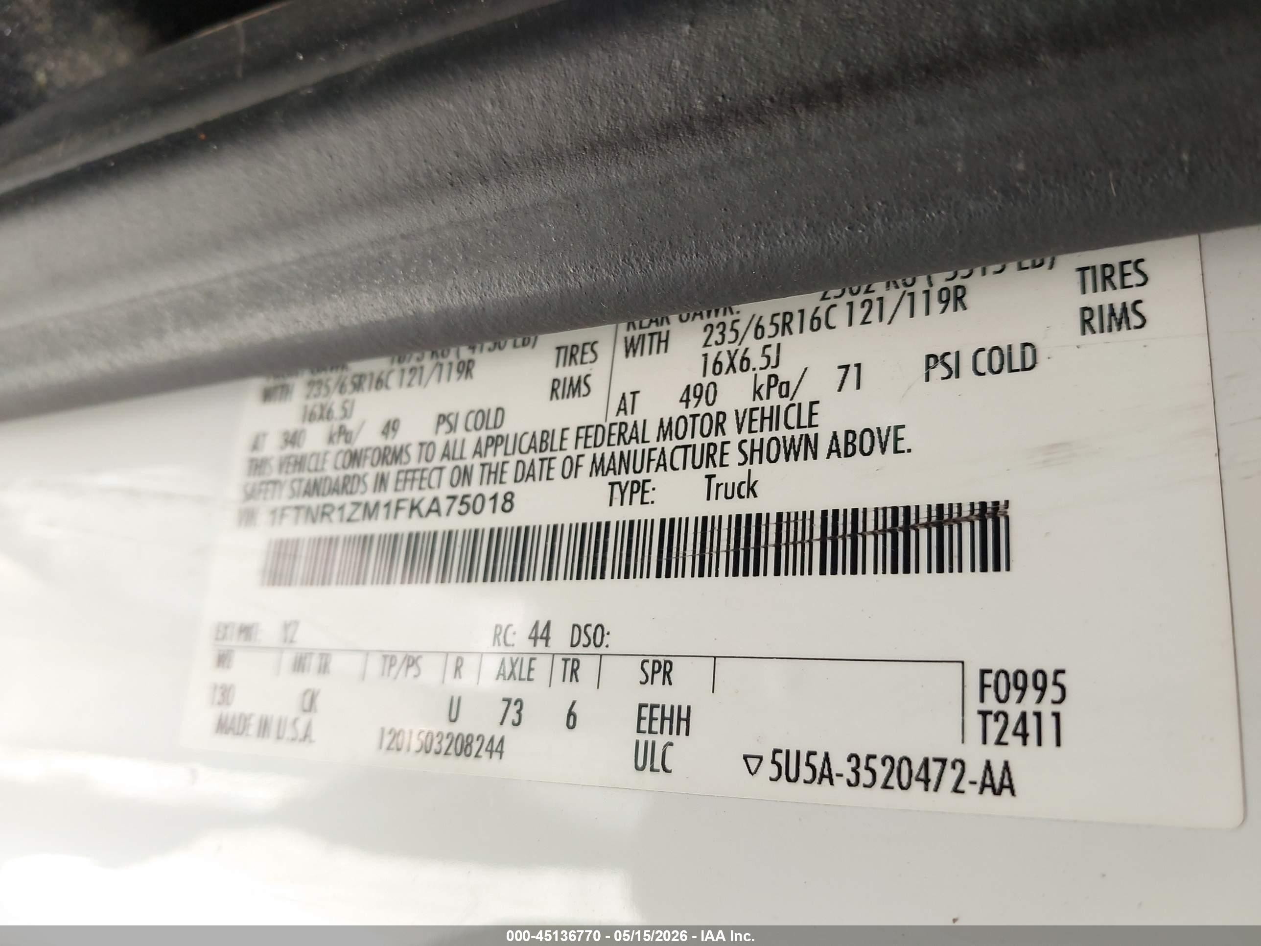 2015 Ford Transit-250 White vin: 1FTNR1ZM1FKA75018