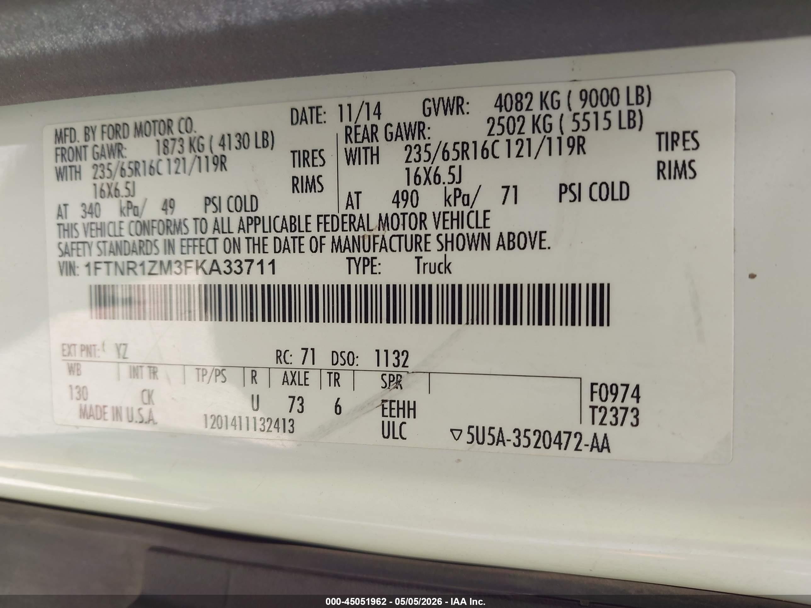2015 Ford Transit-250   White vin: 1FTNR1ZM3FKA33711