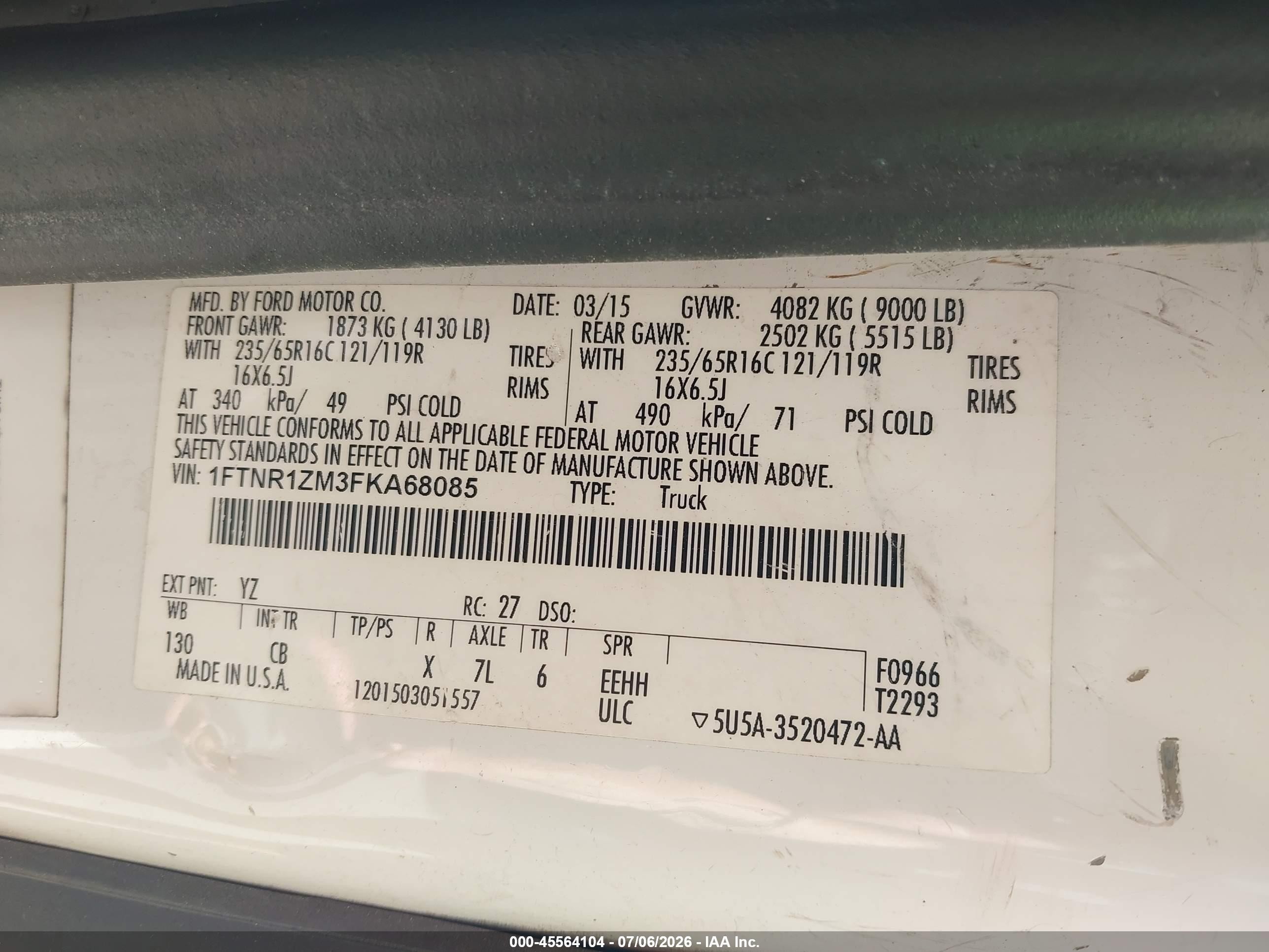 2015 Ford Transit-250   White vin: 1FTNR1ZM3FKA68085