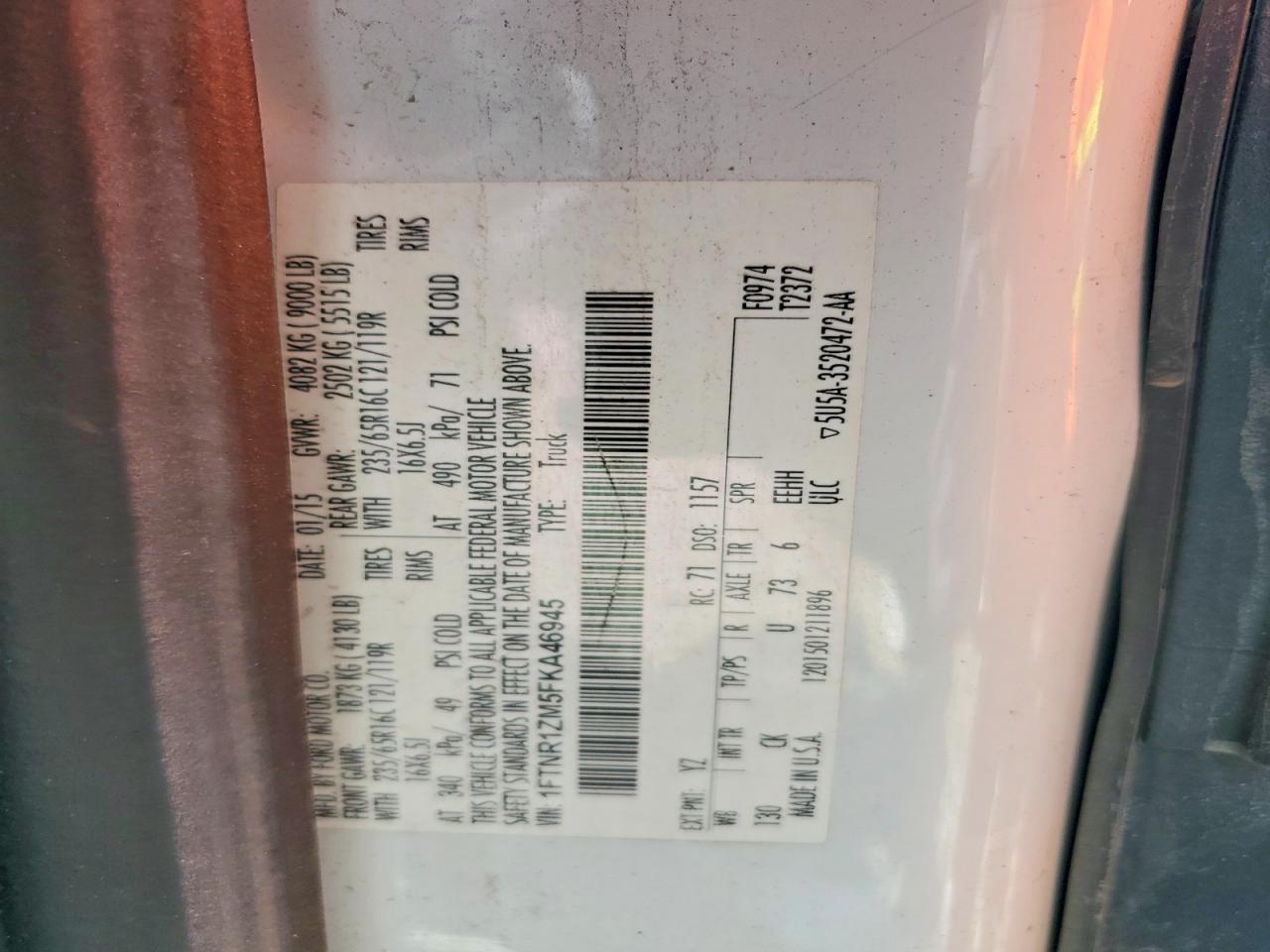 2015 Ford Transit T-250 White vin: 1FTNR1ZM5FKA46945