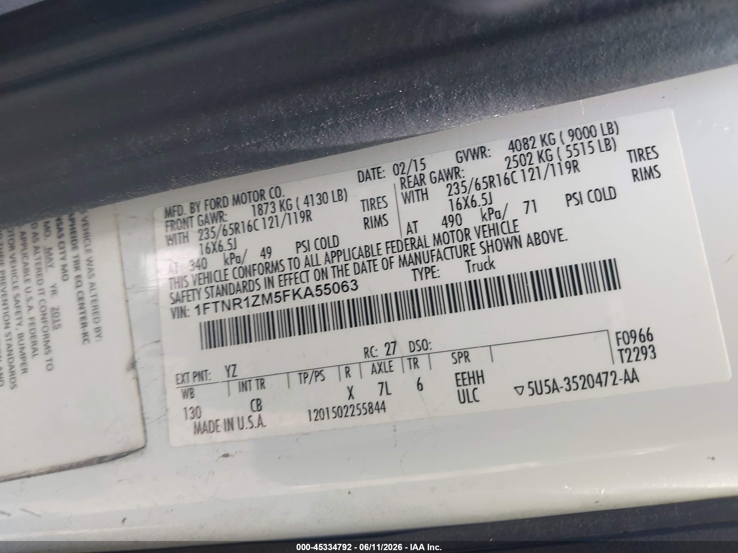 2015 Ford Transit-250   White vin: 1FTNR1ZM5FKA55063